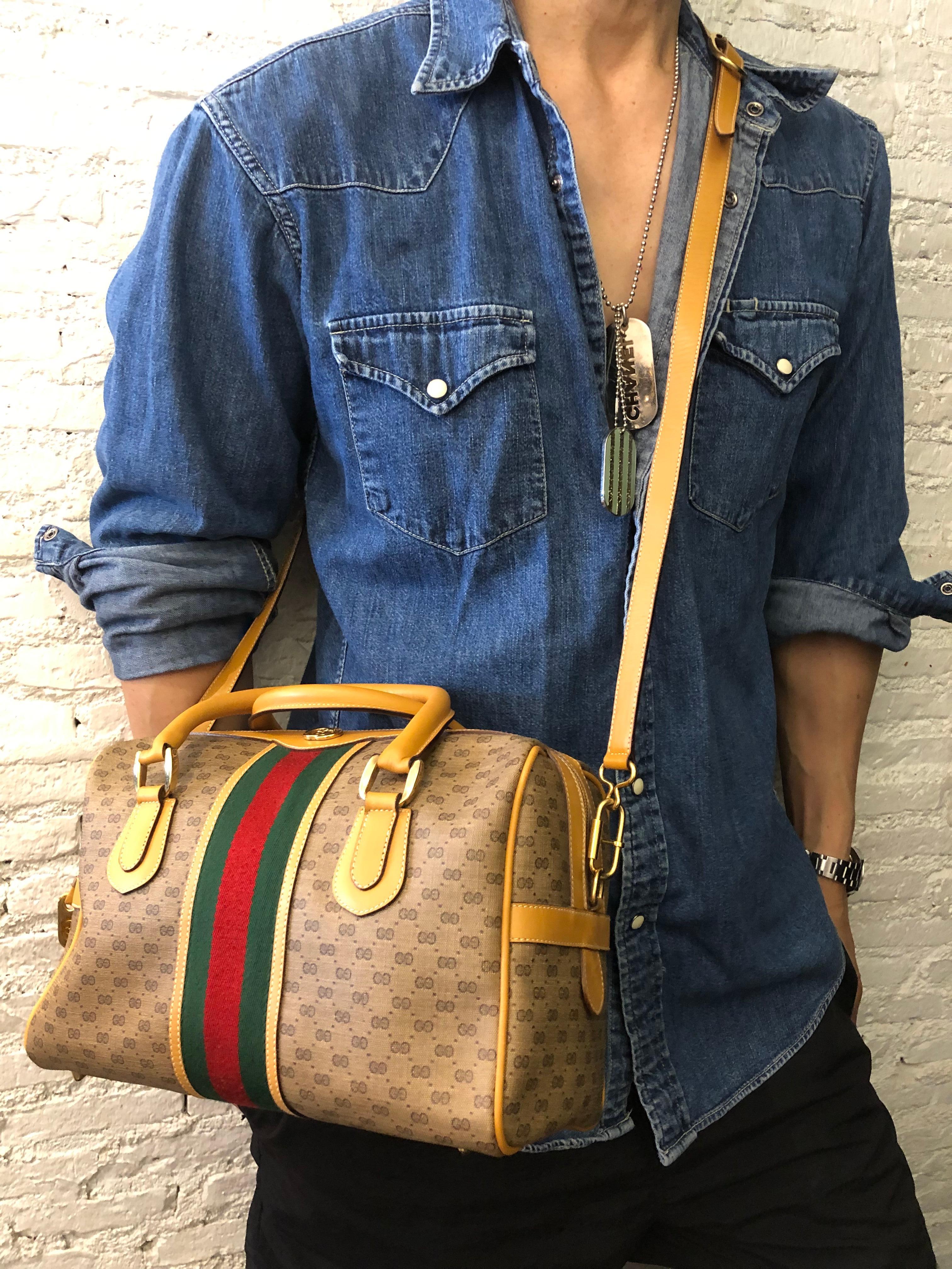 Women's or Men's Vintage GUCCI Web Micro GG Canvas Boston Crossbody Bag Brown Small