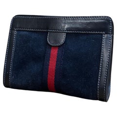 Vintage GUCCI Web Nubuck Leather Vanity Pouch Clutch Bag Small Navy