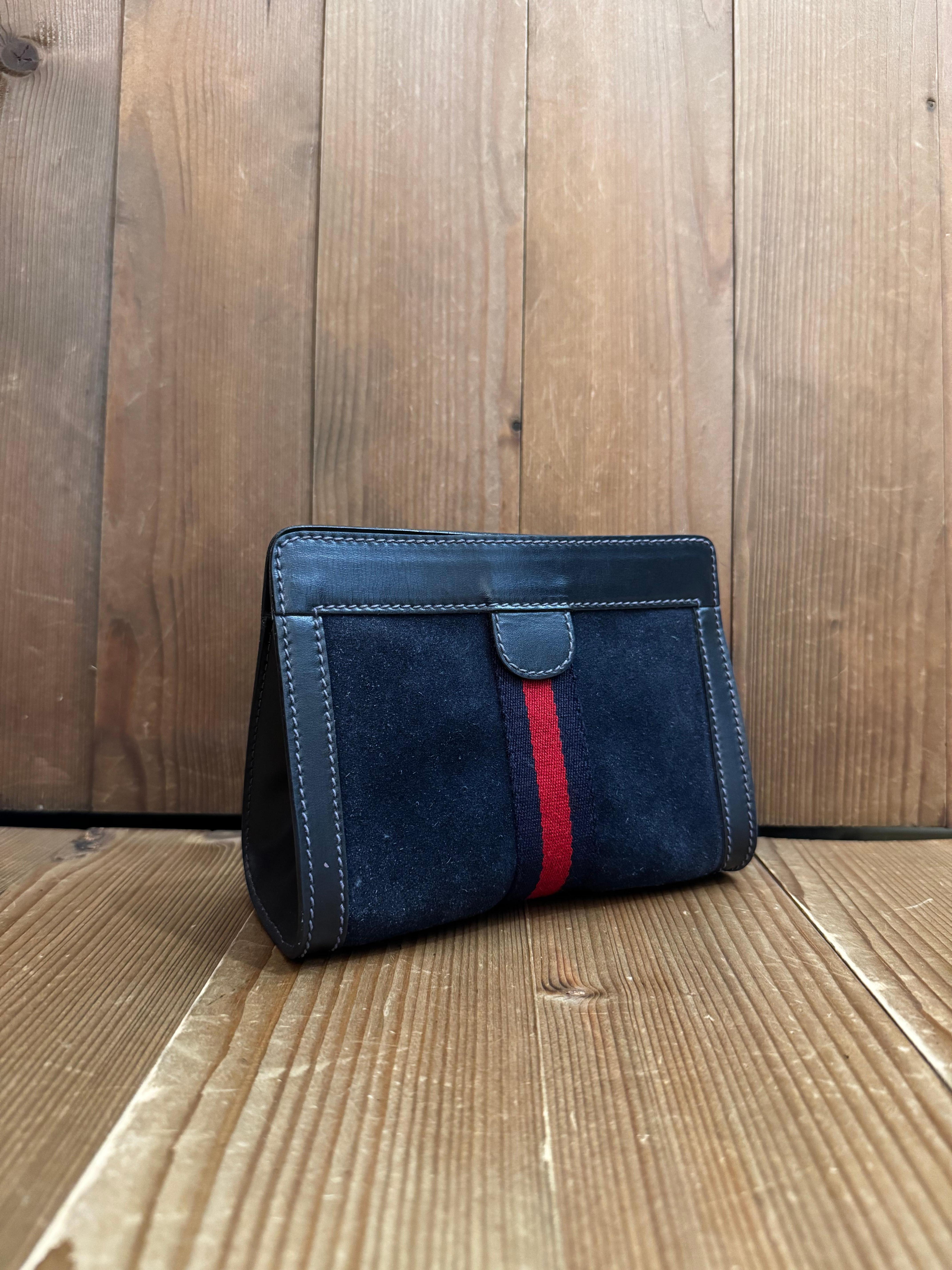 Noir Vintage GUCCI Web Nubuck Leather Vanity Pouch Clutch Bag Small Navy