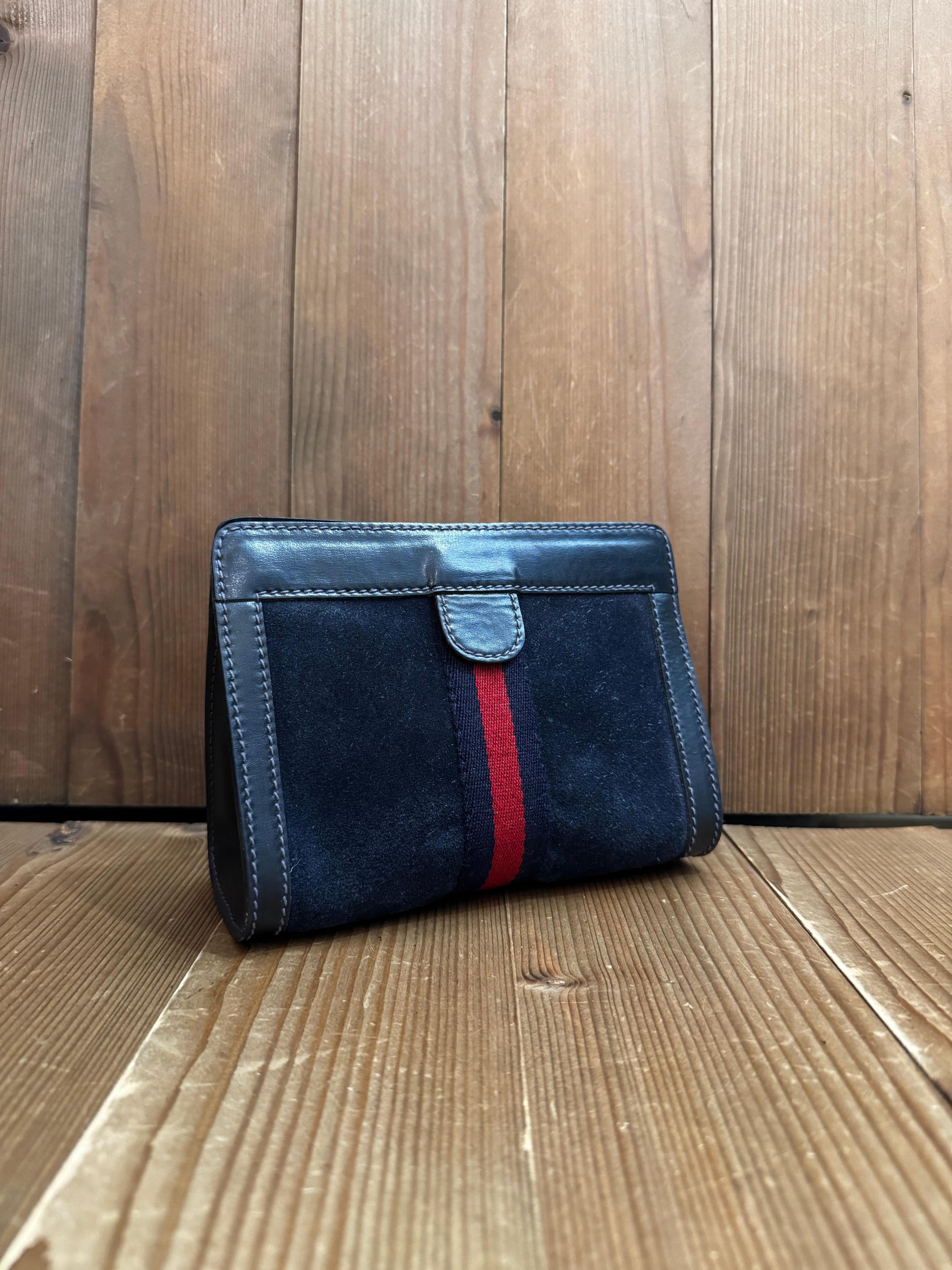  Vintage GUCCI Web Nubuck Leather Vanity Pouch Clutch Bag Small Navy Unisexe 