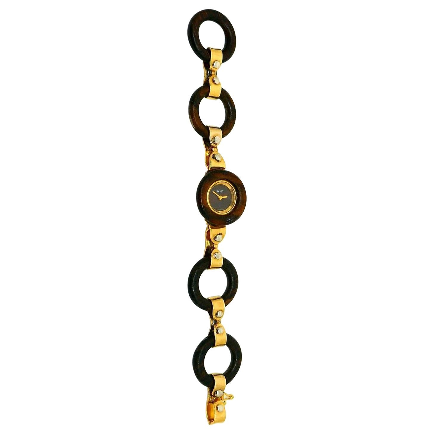 Gucci, montre-bracelet vintage à maillons circulaires en bois et or jaune