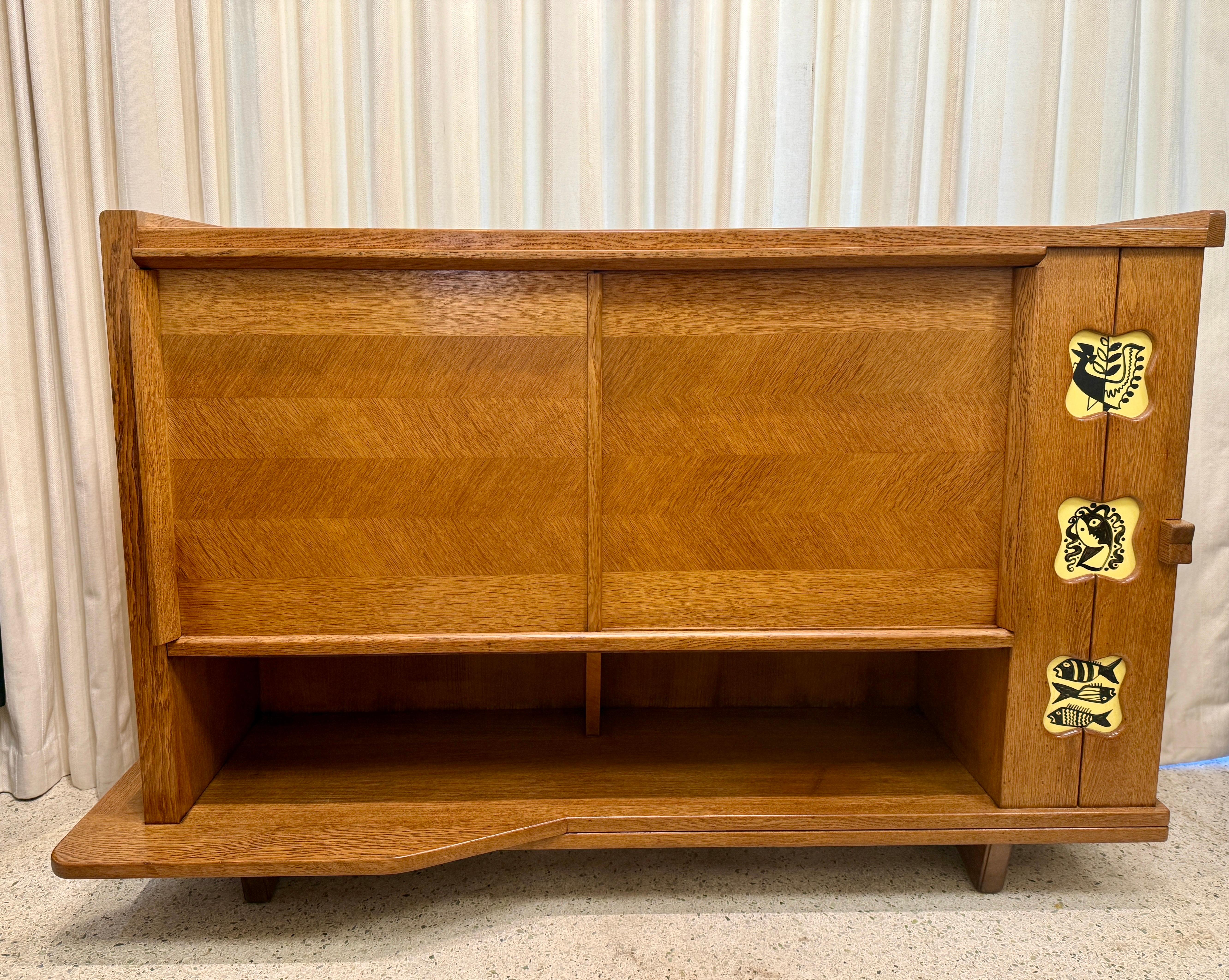 Vintage Guillerme & Chambron Credenza in Oak with Ceramic Details For Sale 7