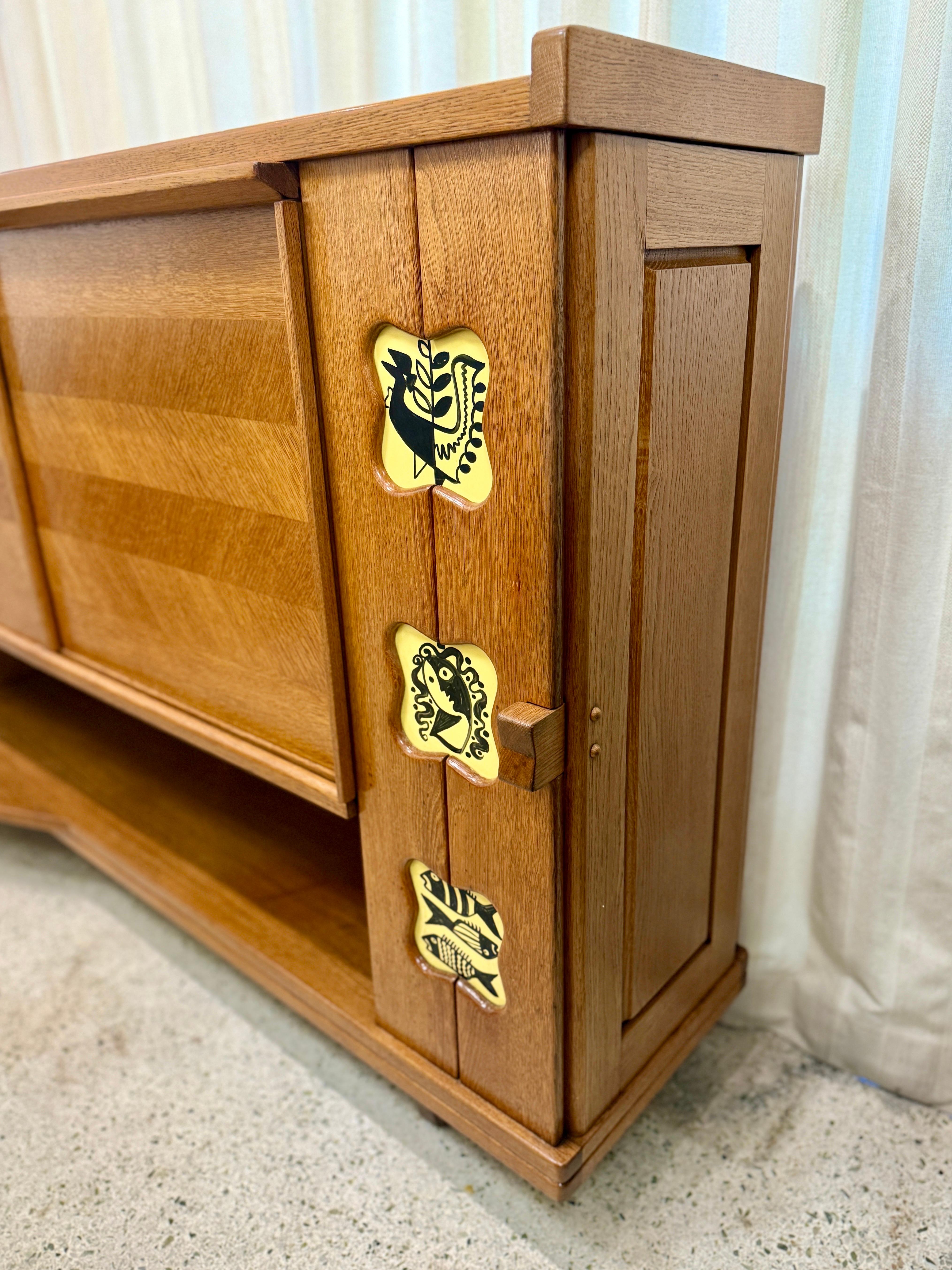 Vintage Guillerme & Chambron Credenza in Oak with Ceramic Details For Sale 8