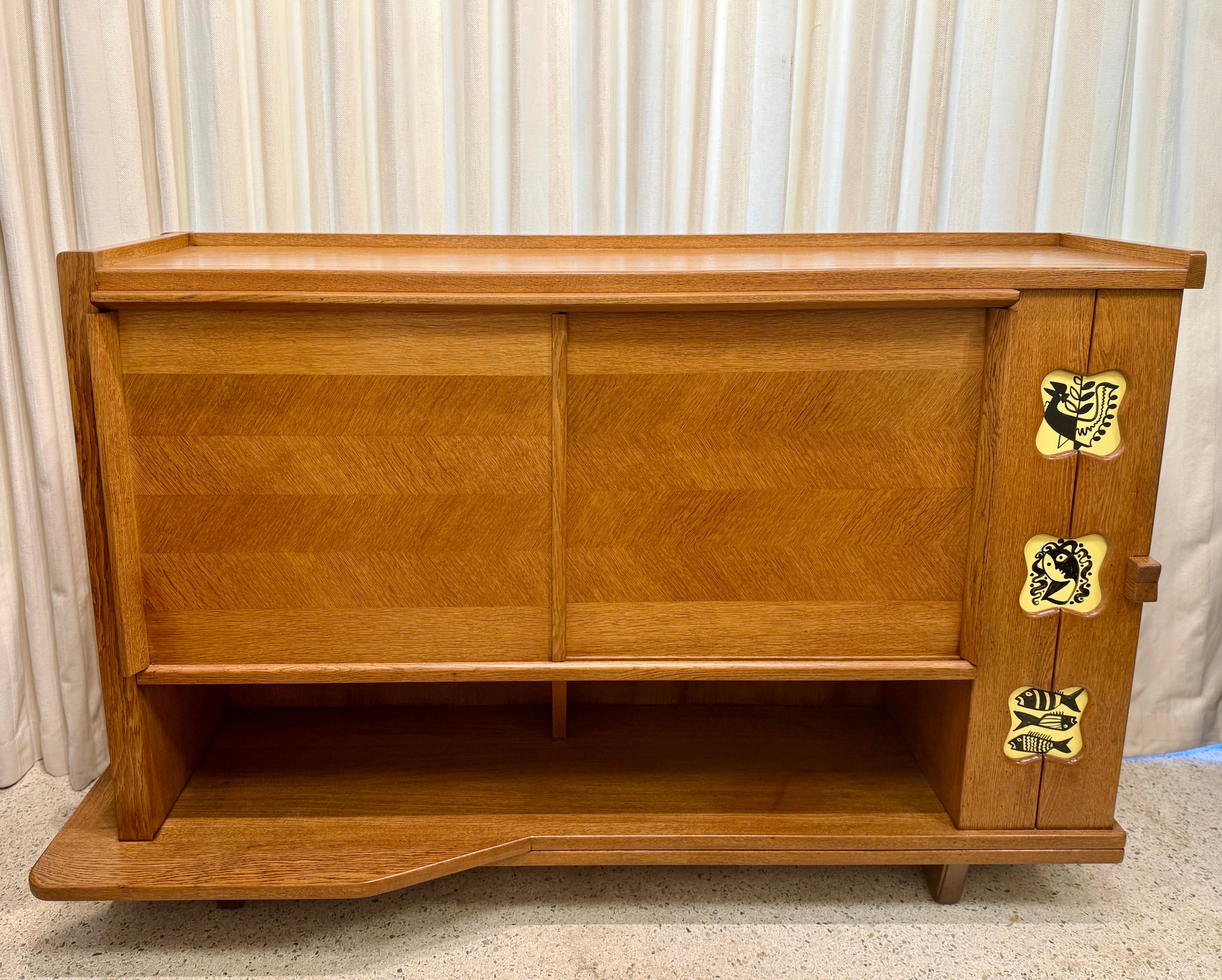 Vintage Guillerme & Chambron Credenza in Oak with Ceramic Details For Sale 10