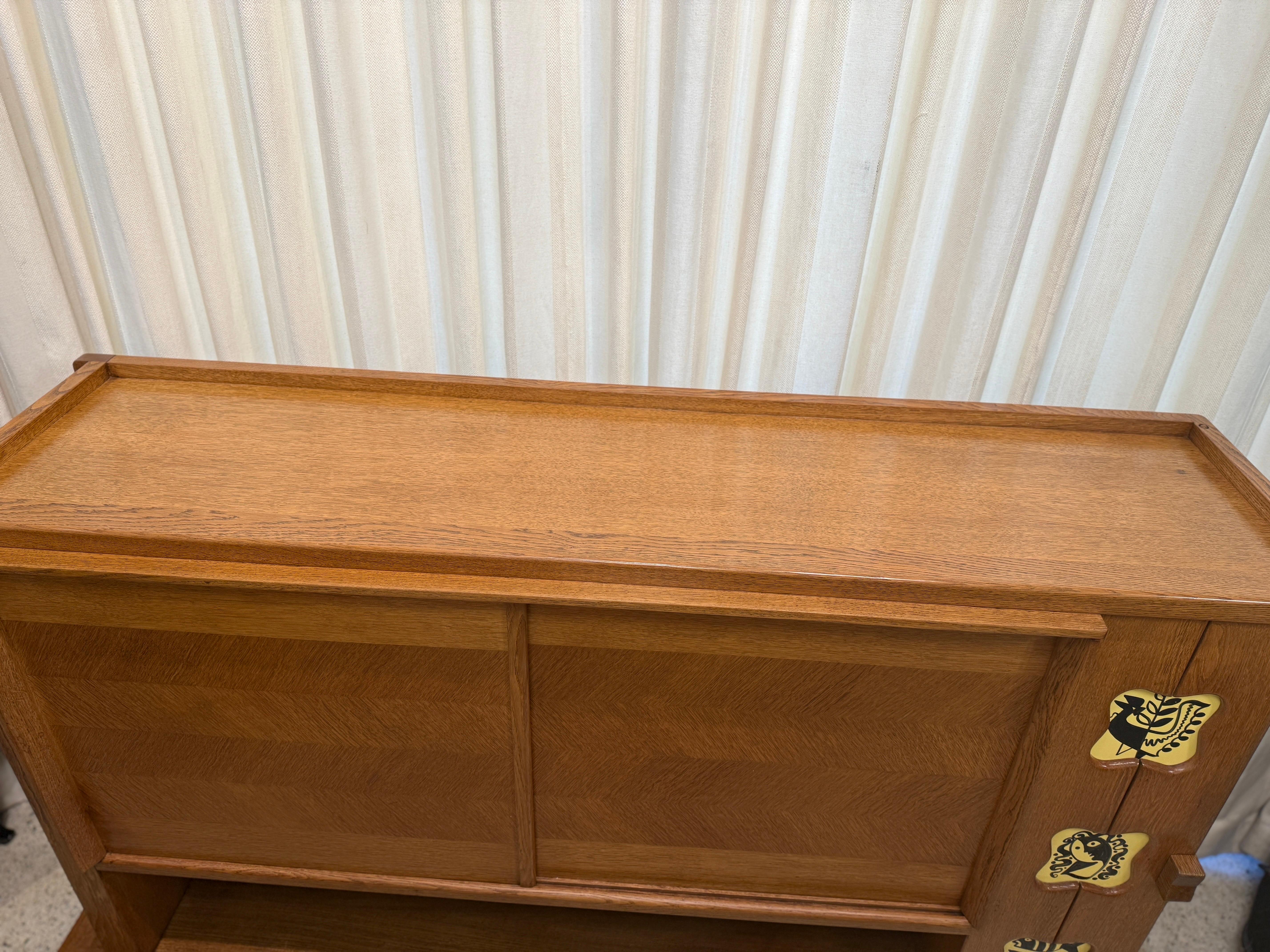 Vintage Guillerme & Chambron Credenza in Oak with Ceramic Details For Sale 12