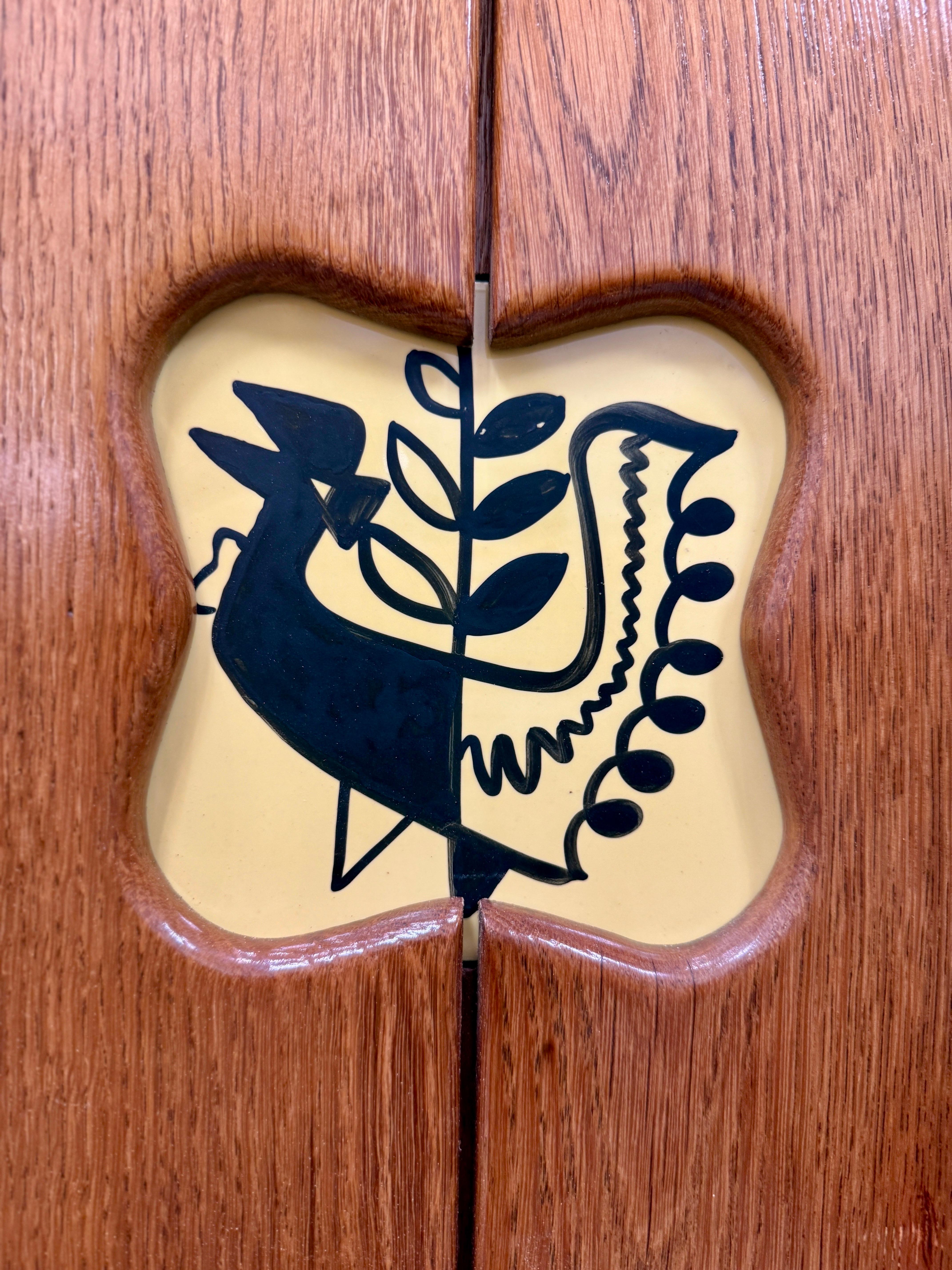 Mid-Century Modern Vintage Guillerme & Chambron Credenza in Oak with Ceramic Details For Sale