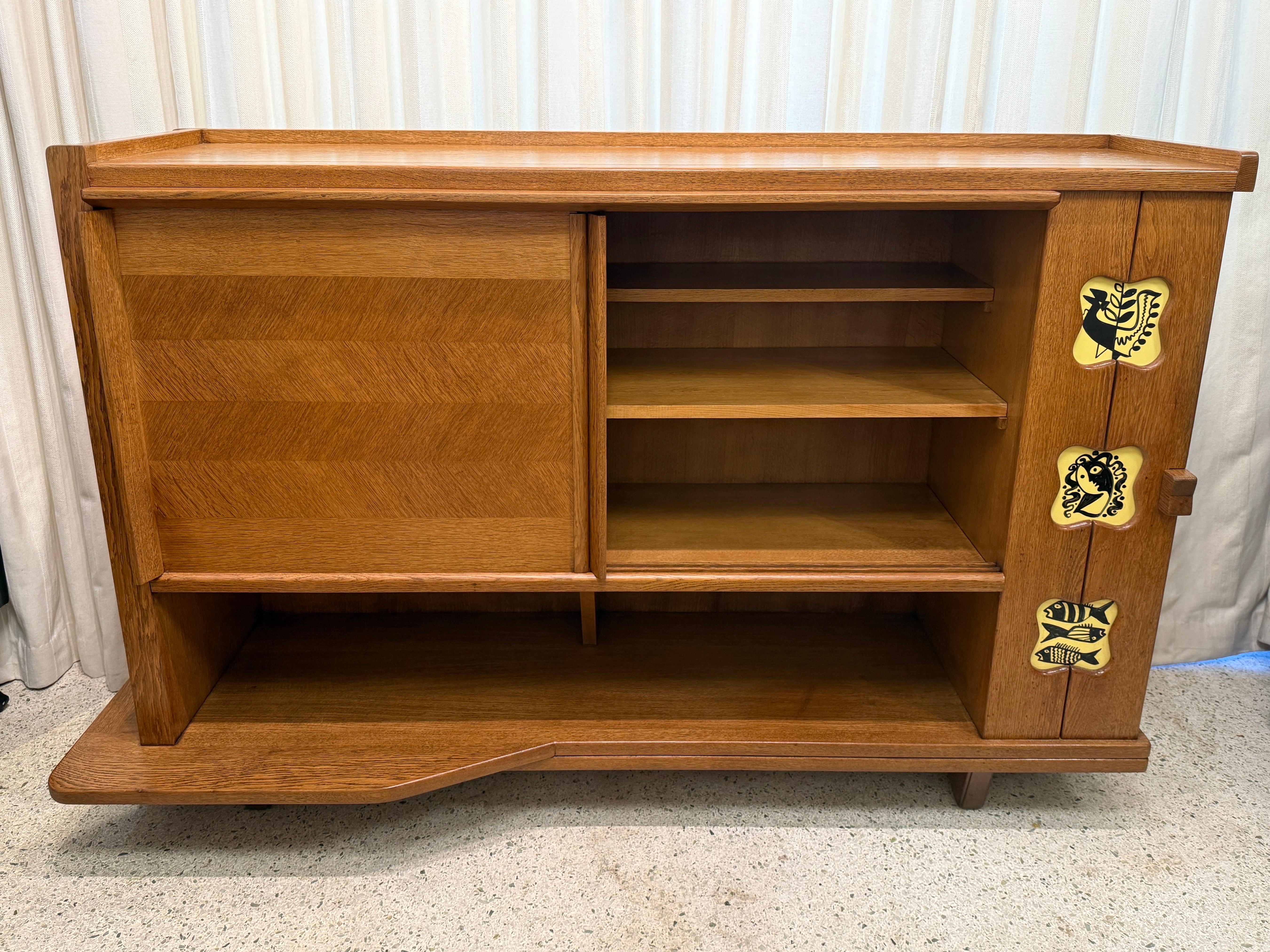 Vintage Guillerme & Chambron Credenza in Oak with Ceramic Details For Sale 1