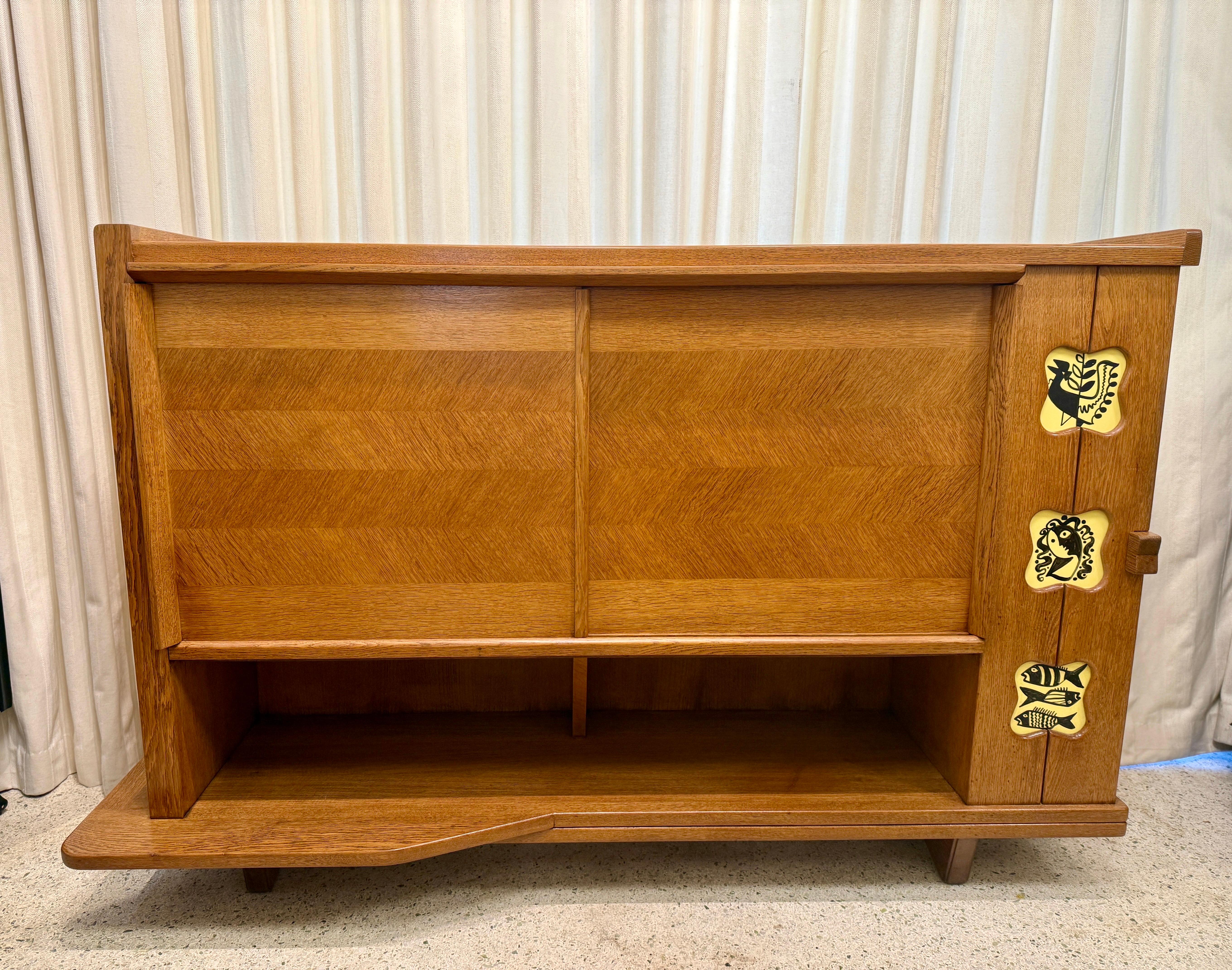 Vintage Guillerme & Chambron Credenza in Oak with Ceramic Details For Sale 3