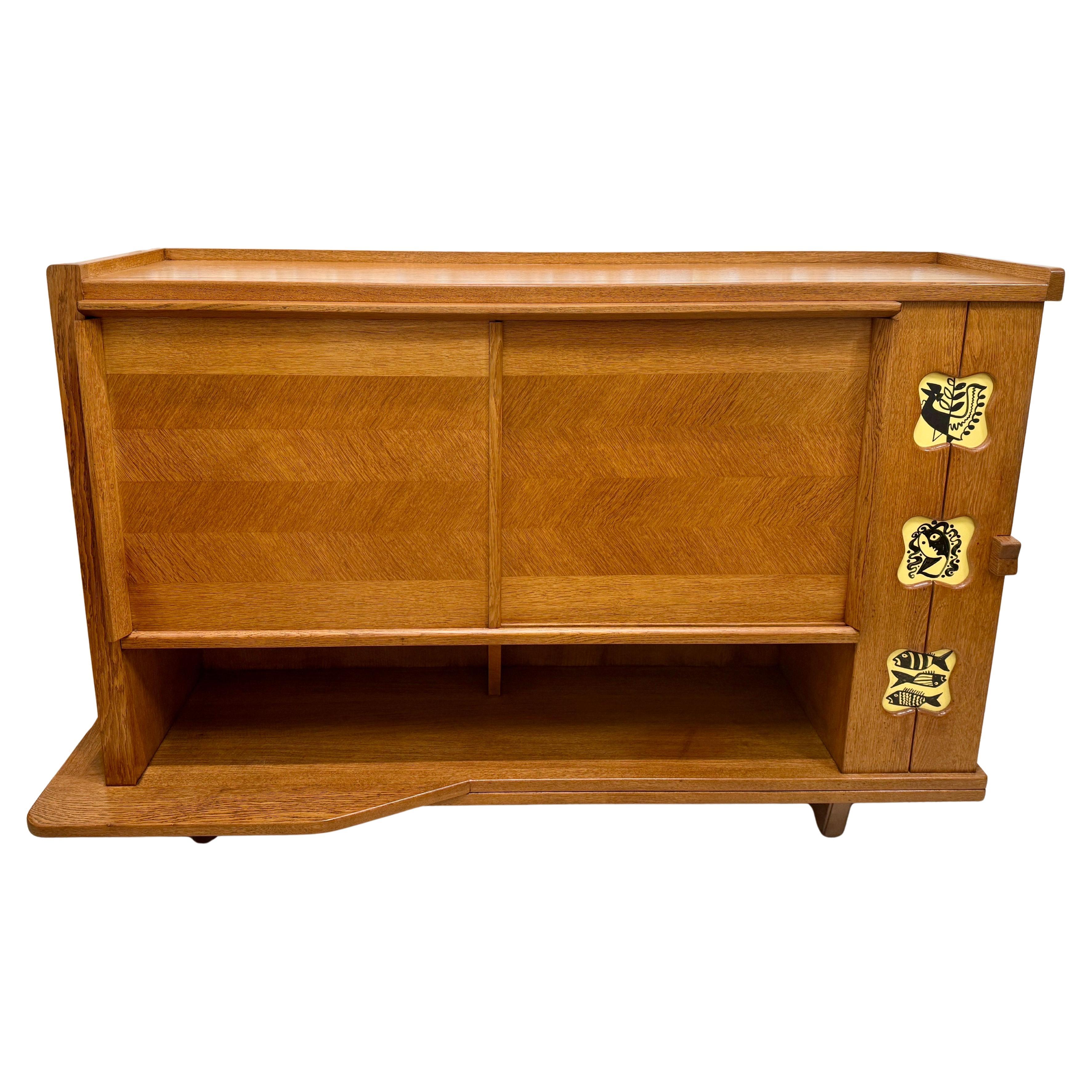 Vintage Guillerme & Chambron Credenza in Oak with Ceramic Details For Sale