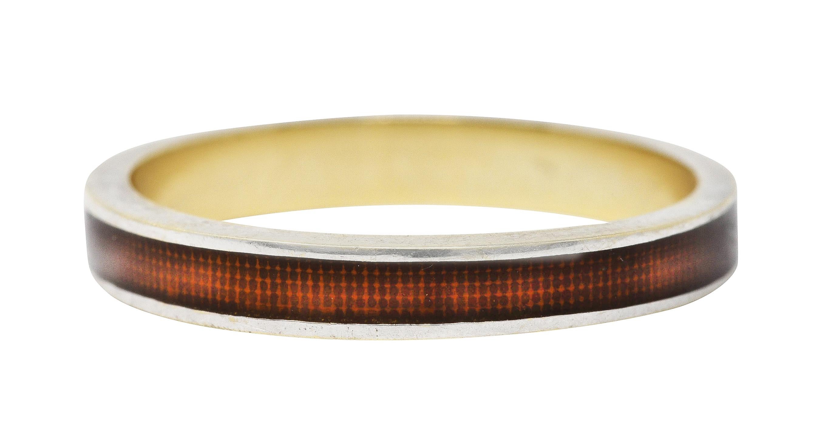 Contemporary Vintage Guilloche Brown Enamel 18 Karat White Gold Channel Band Stack Ring For Sale