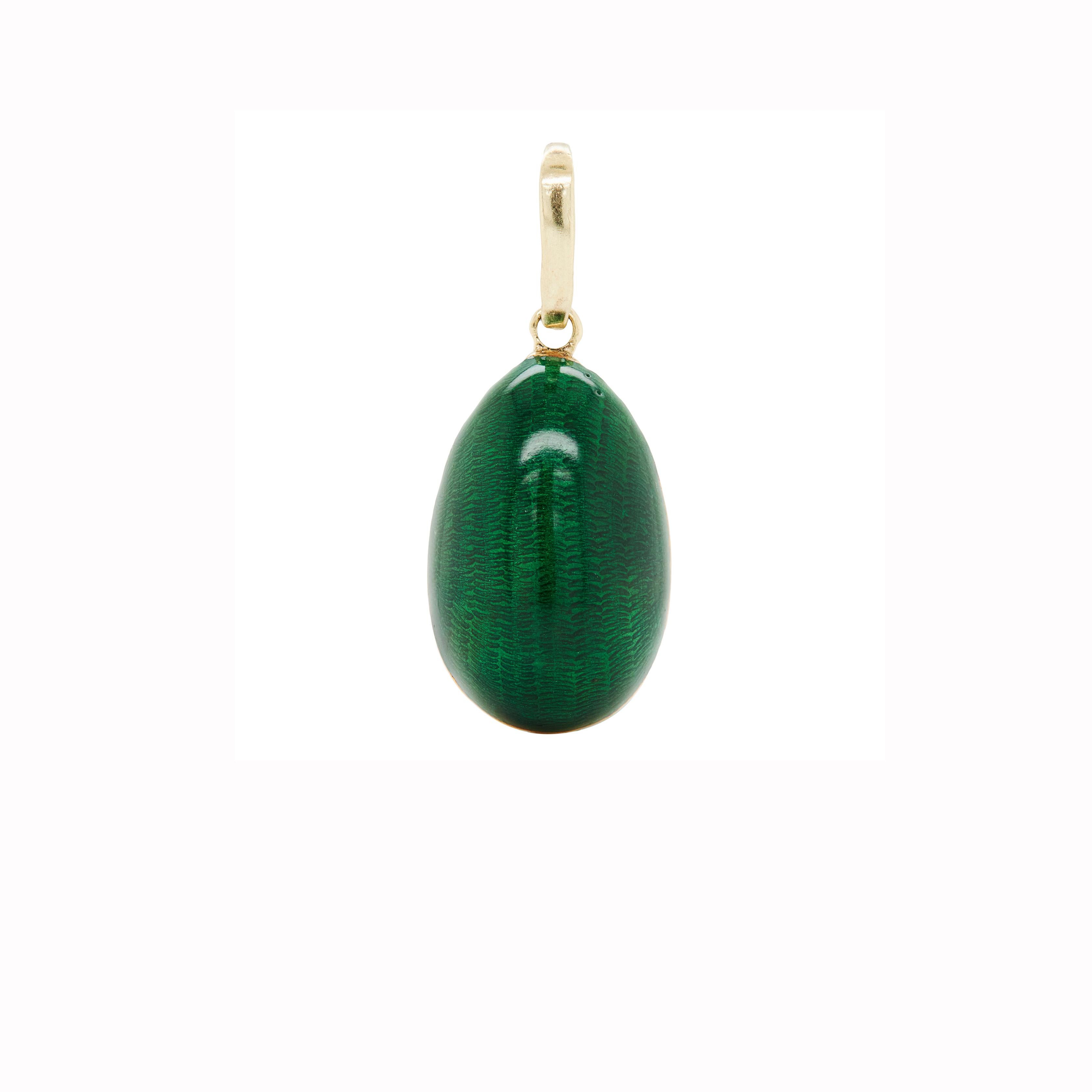 Modern Vintage Guilloché Green Enamel and 14 Carat Yellow Gold Egg Charm For Sale