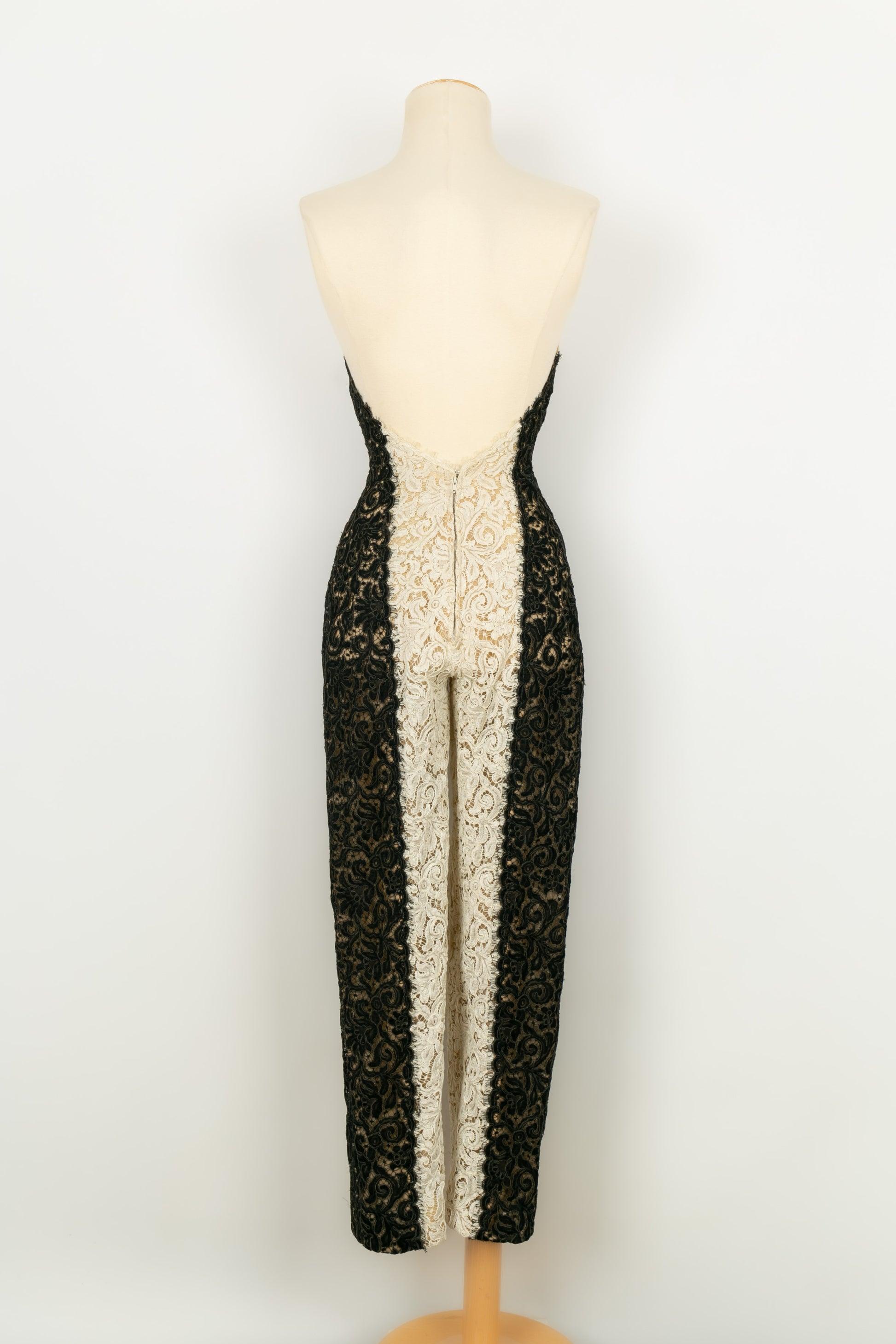 Beige Vintage Guipure Jumpsuit in Black and White Lace