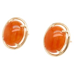 Vintage Gump's 14K Gold and Red / Orange Jade Cabochon Earrings