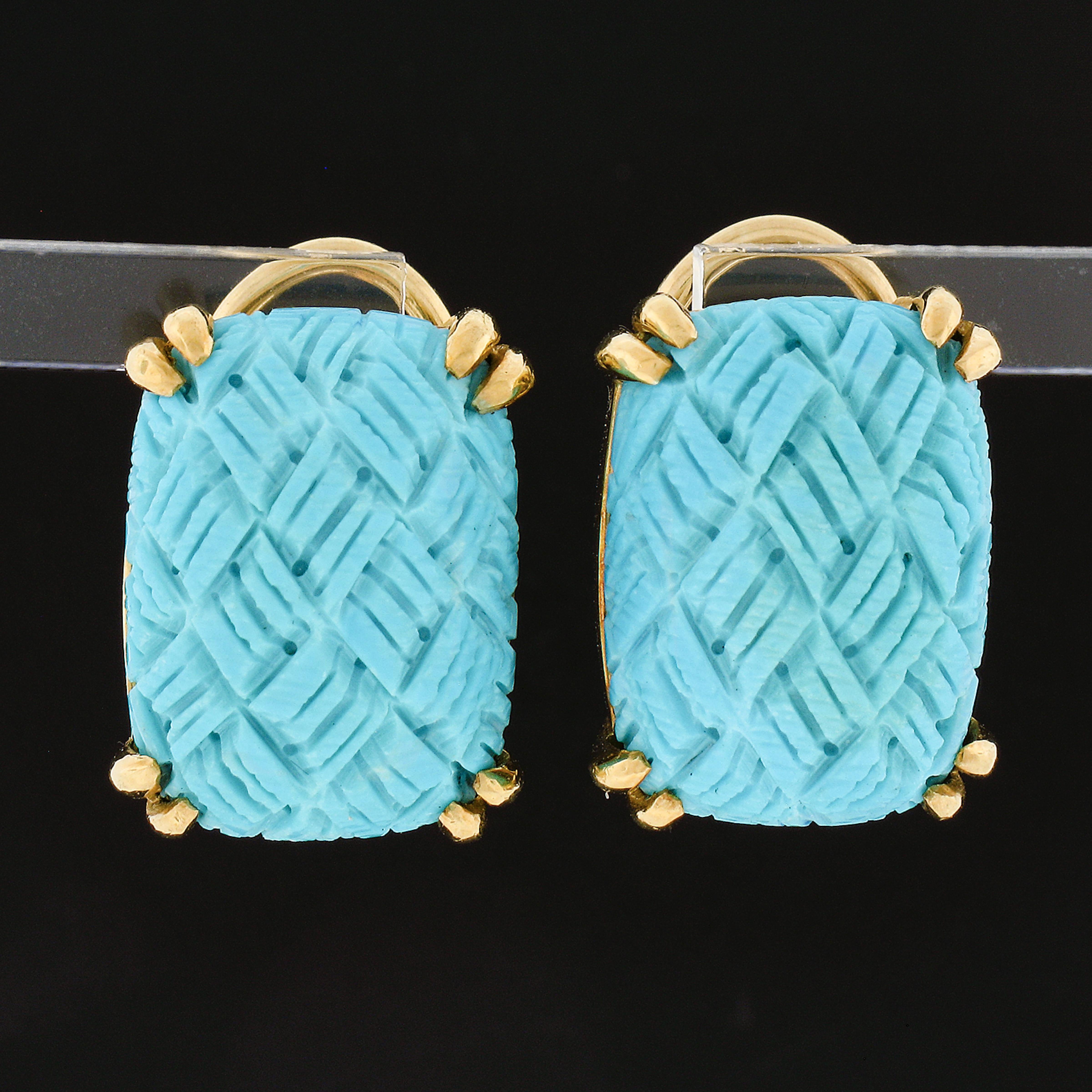 This is a gorgeous and bold pair of vintage button earrings that are crafted from solid 18k yellow gold and designed by Gump's. They feature a natural turquoise stone neatly dual prong set at their center with each having an elongated cushion cut