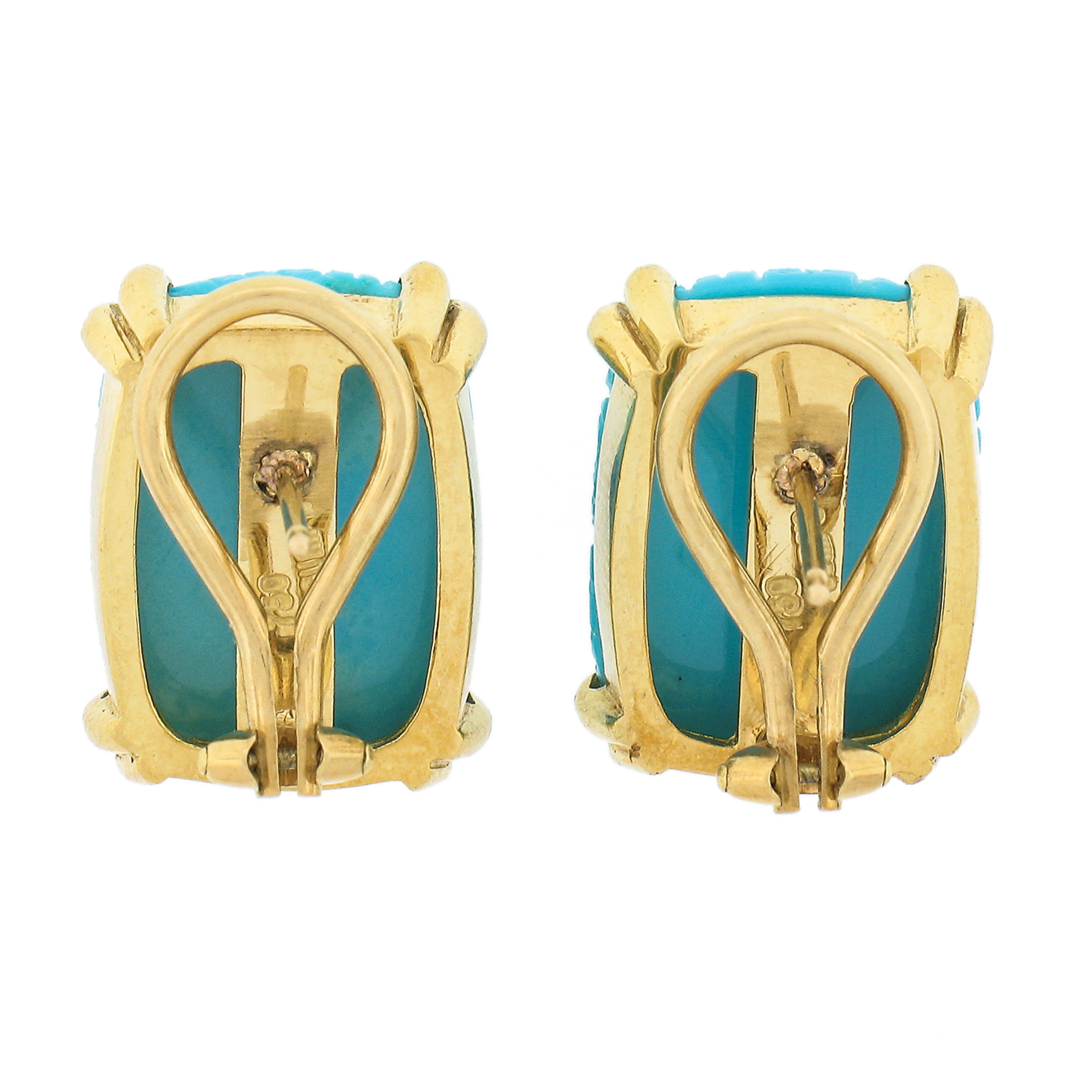 Cushion Cut Vintage Gump's 18k Gold Carved Basket Weave Elongated Cushion Turquoise Earrings For Sale