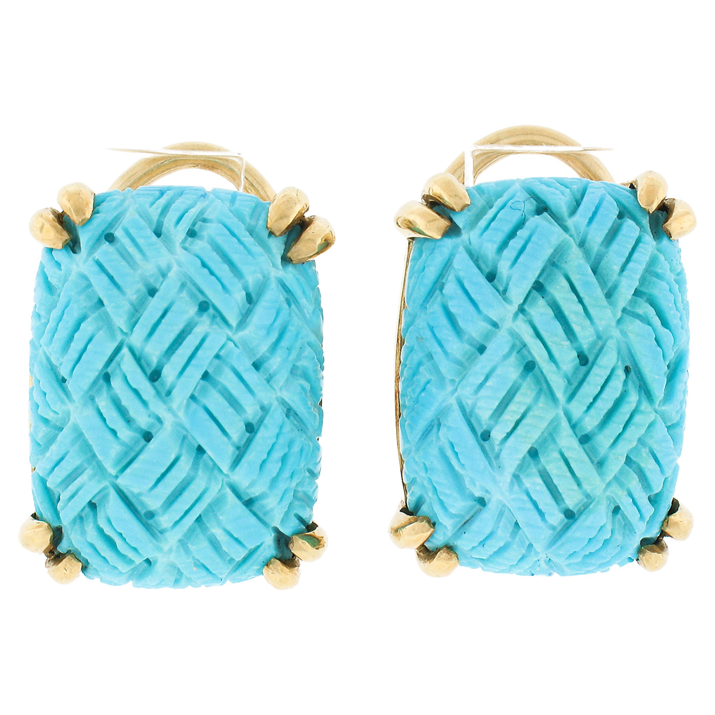 Vintage Gump's 18k Gold Carved Basket Weave Elongated Cushion Turquoise Earrings For Sale