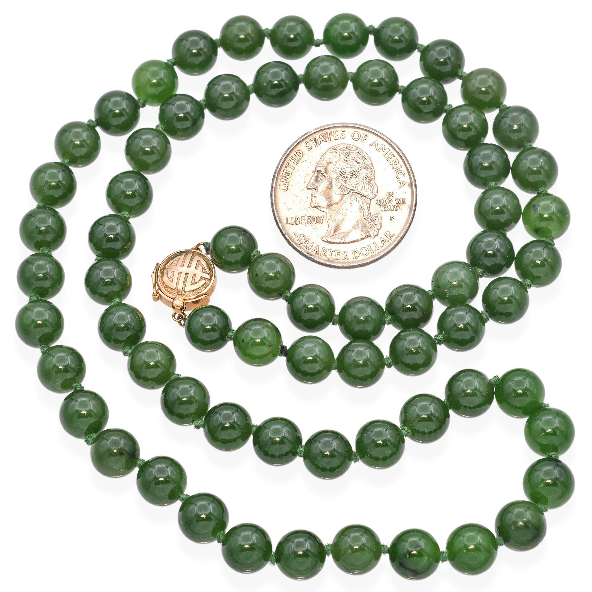 Women's Vintage Gump's Shou 14k Yellow Gold Green Jade Longevity Strand Beaded Necklace