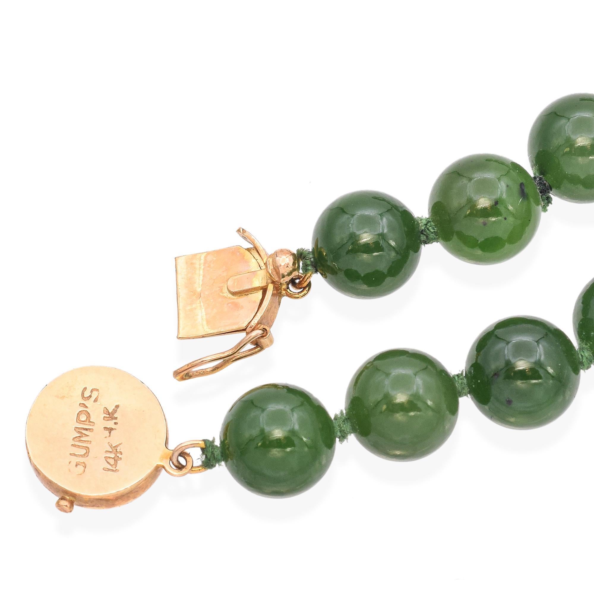 Vintage Gump's Shou 14k Yellow Gold Green Jade Longevity Strand Beaded Necklace 1