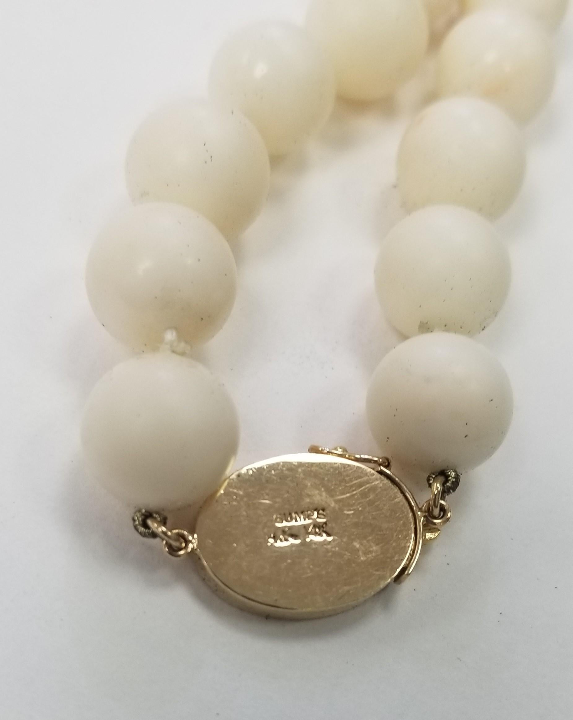 Modern Vintage Gump's White Coral 14K Yellow Gold 12mmBead Necklace Fine Estate Jewelry For Sale