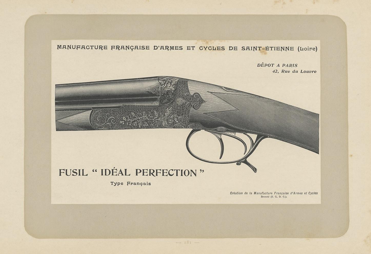 Antique print titled 'Fusil Idéal Perfection Type Francais'. Chromolithograph originating from 'Les Chiens. Le Gibier et ses Ennemis' illustrated by P. Mahler.