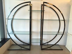 Vintage Gunmetal Chrom Paar geschwungene Etageres Regale Glas