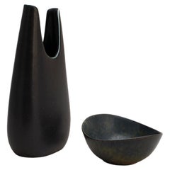 Vintage Gunnar Nylund for Rörstrand Vase and Bowl Set, Sweden, 1950's Dark Glaze