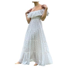 Gunne Sax - Robe vintage ivoire à fleurs et épaules dénudées