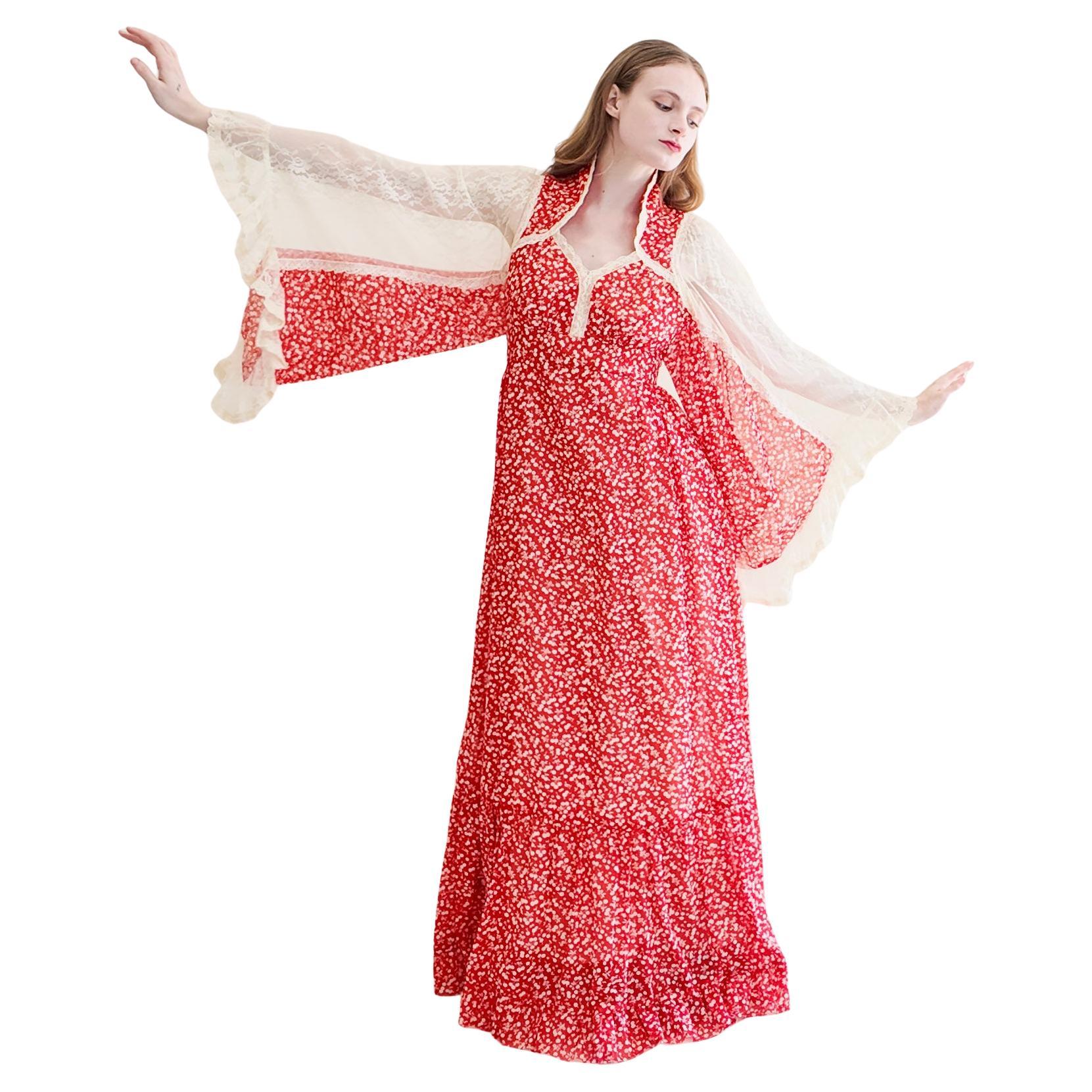 Vintage Gunne Sax Red Print Lace Bell Sleeve Prairie Dress For Sale