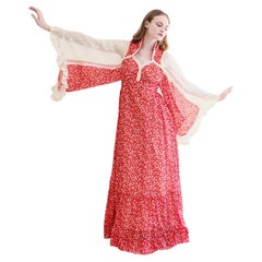 Vintage Gunne Sax Red Print Lace Bell Sleeve Prairie Dress