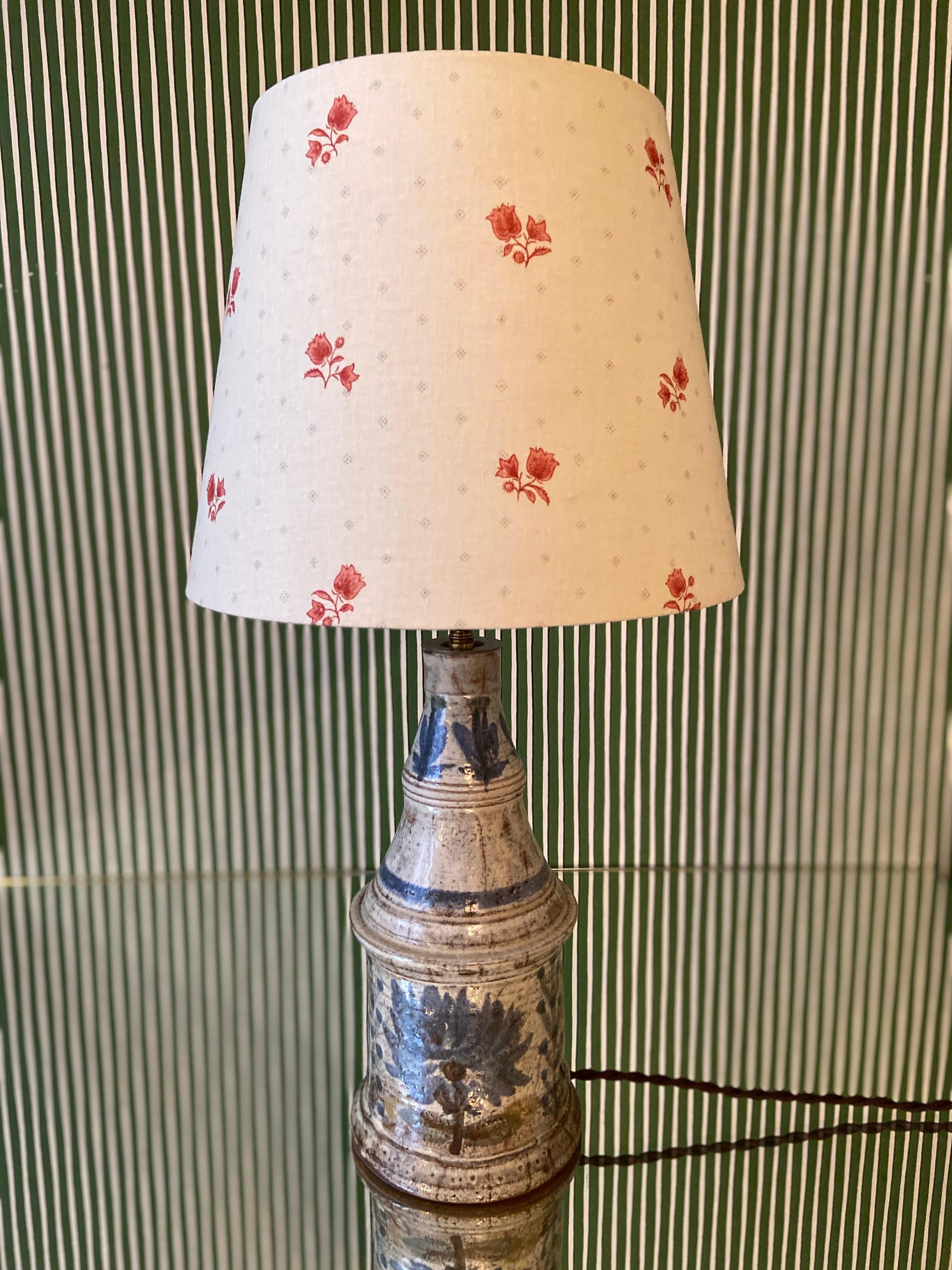 French Vintage Gustave Reynaud Ceramic Table Lamp with Customized Shade, France 1950's