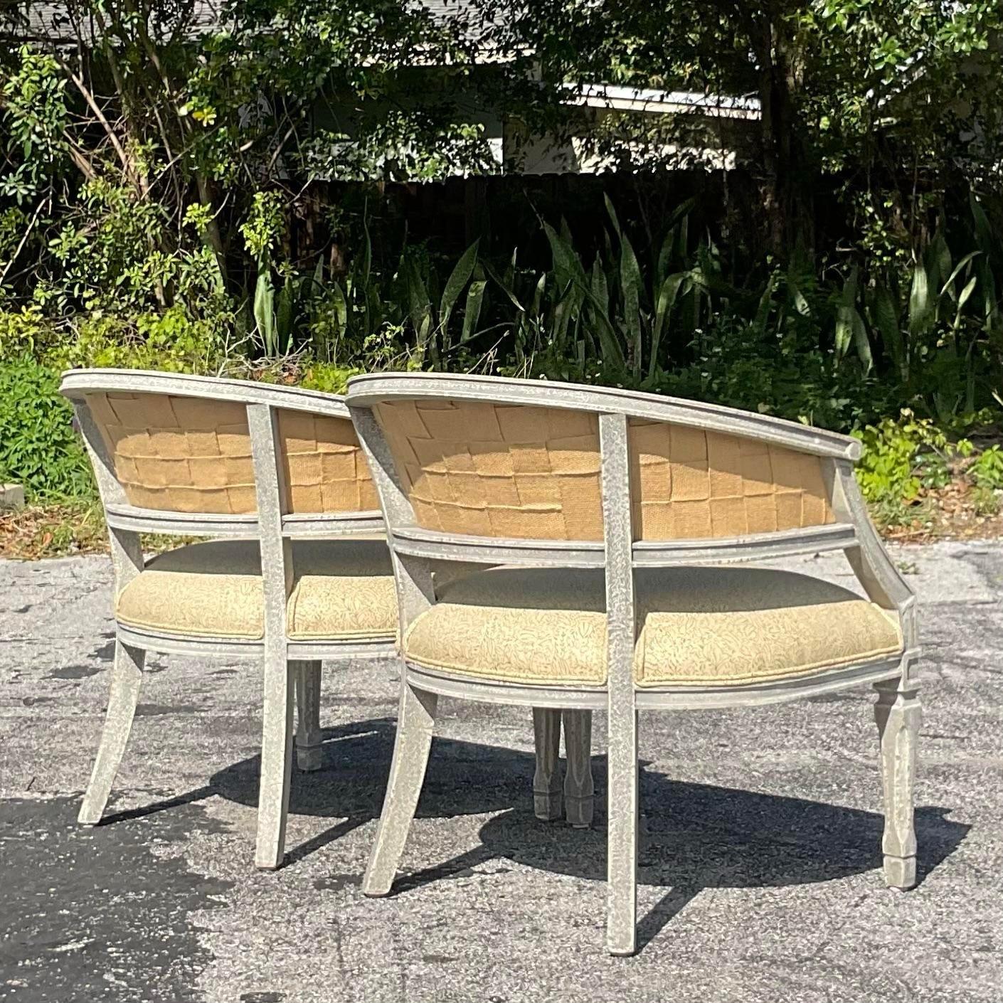 Vintage Gustavian Washed Barrel Chairs - a Pair In Good Condition For Sale In west palm beach, FL