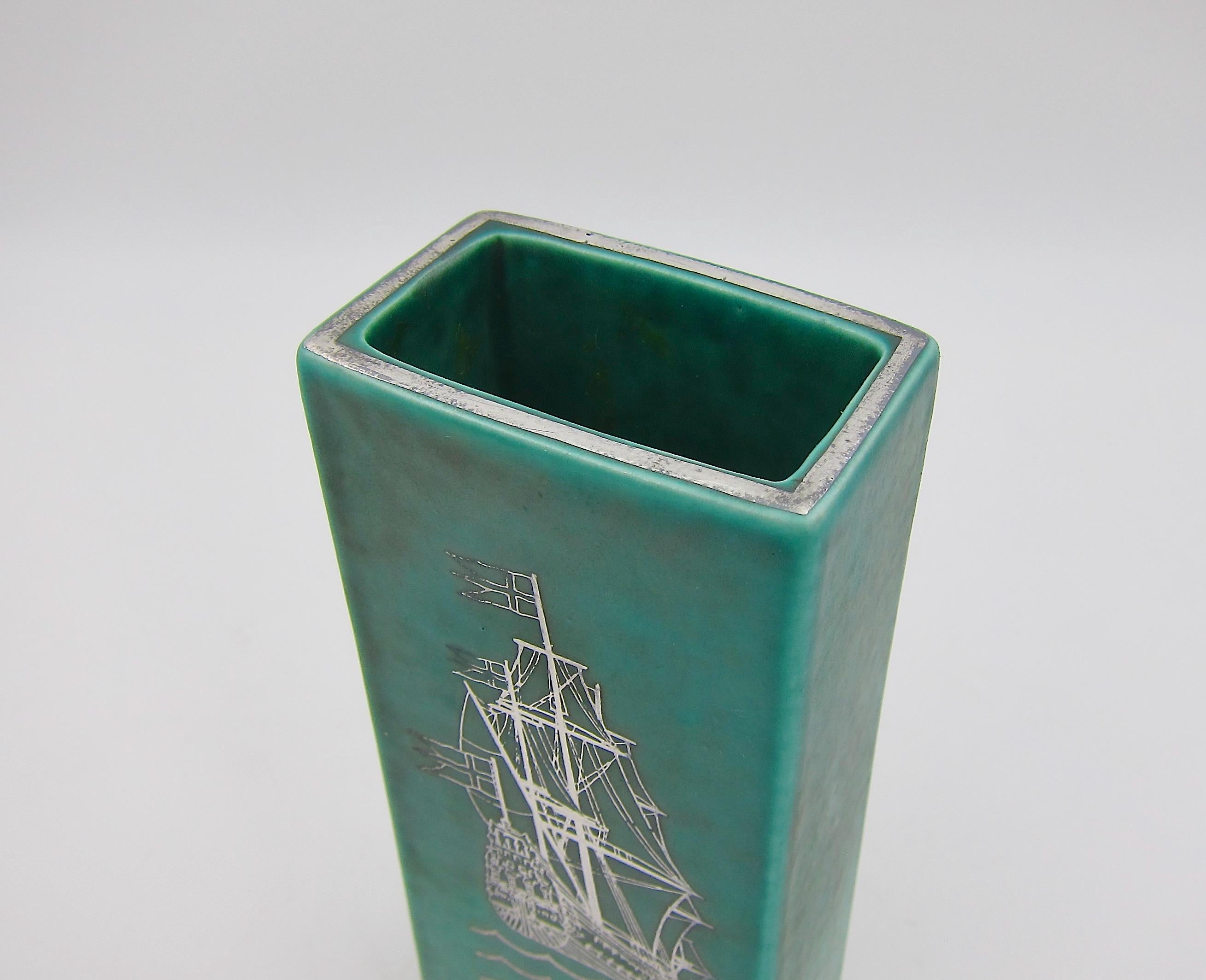 Cast Swedish Gustavsberg Argenta Vase in Green with Inlaid Silver For Sale