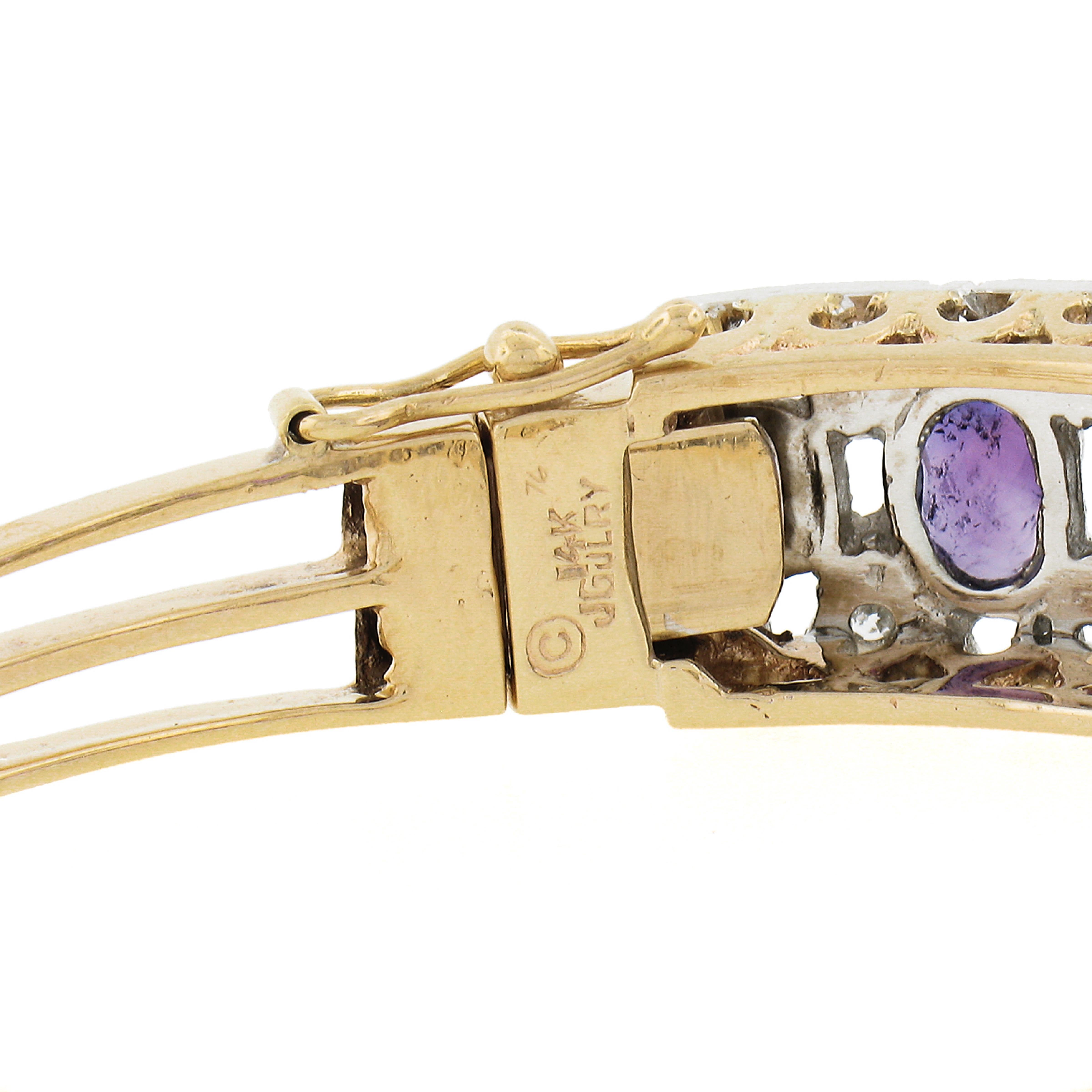 Vintage Gutchneider 14k Gold & Palladium Amethyst Diamond Hinged Bangle Bracelet For Sale 3
