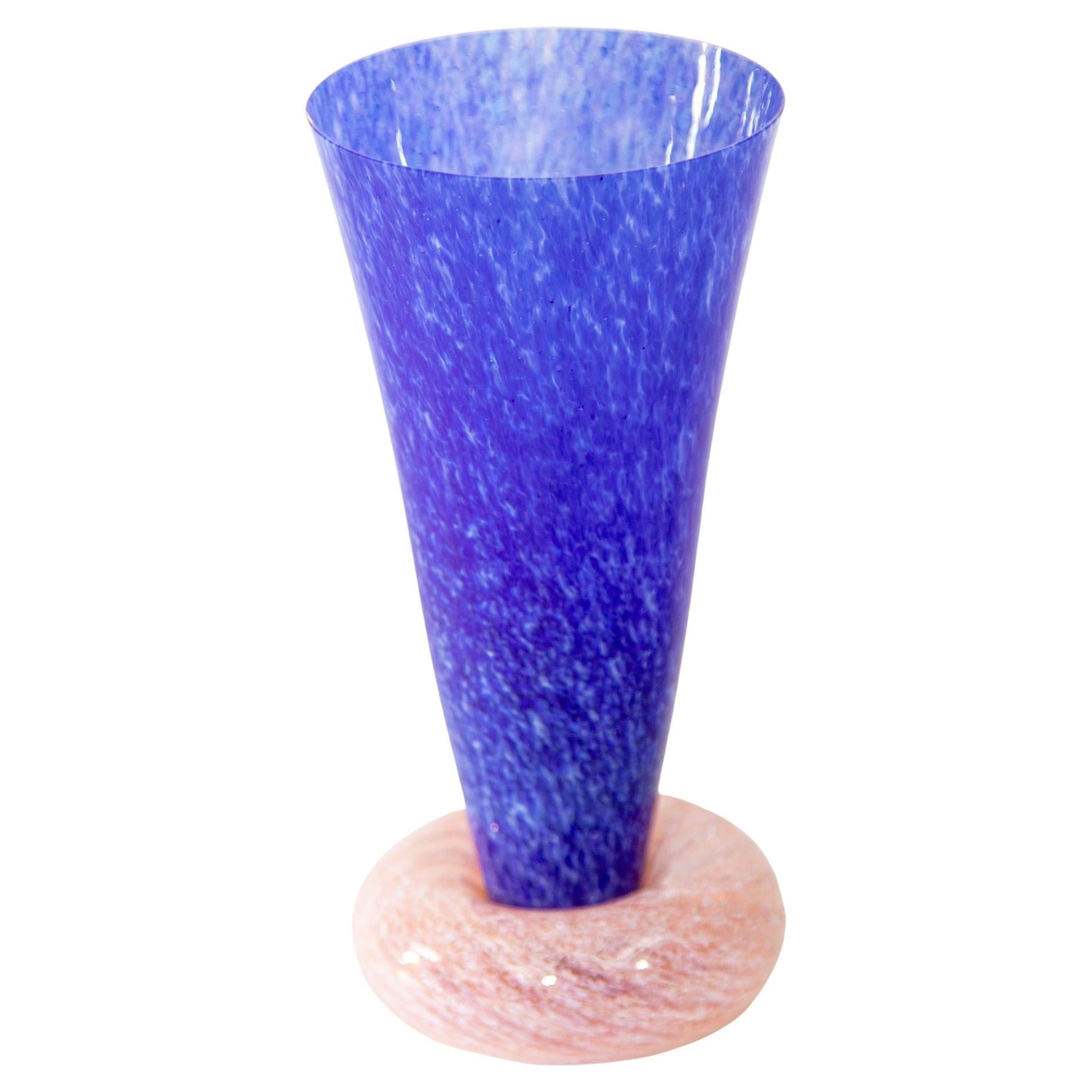Vintage Guy Corrie Union Glass Donut Base Art Glass Vase Cobalt Blue Pink 1980's For Sale
