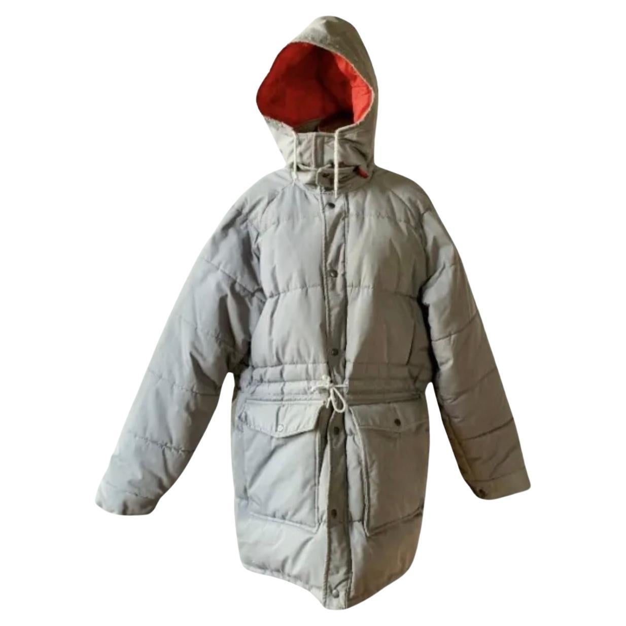 GUY LAROCHE 80s Jupe à capuche PARKA Gray Red Jacket Down Feather Coat XL en vente