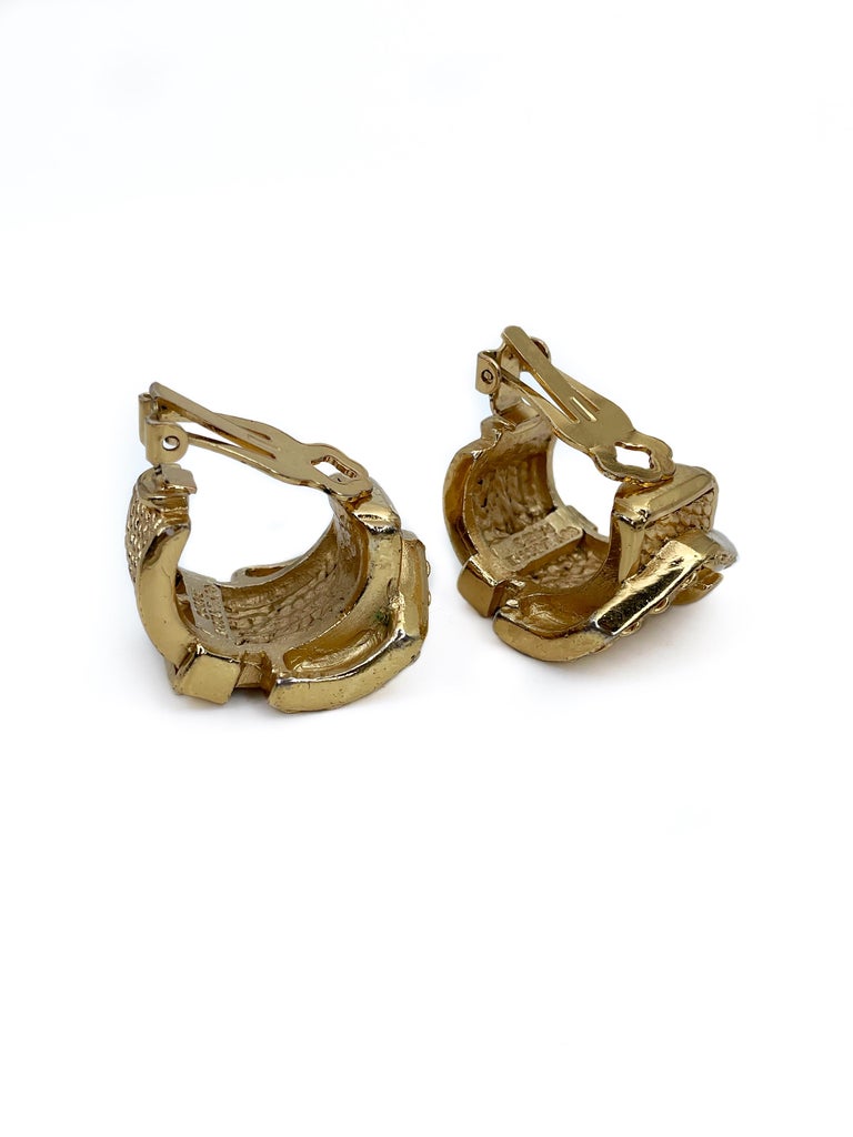 Modern 1980s Vintage Guy Laroche Gold Tone Buckle Clip on Earrings For Sale