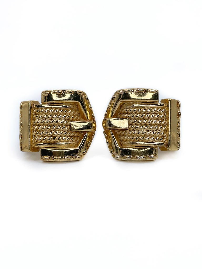 1980s Vintage Guy Laroche Gold Tone Buckle Clip on Earrings For Sale 4