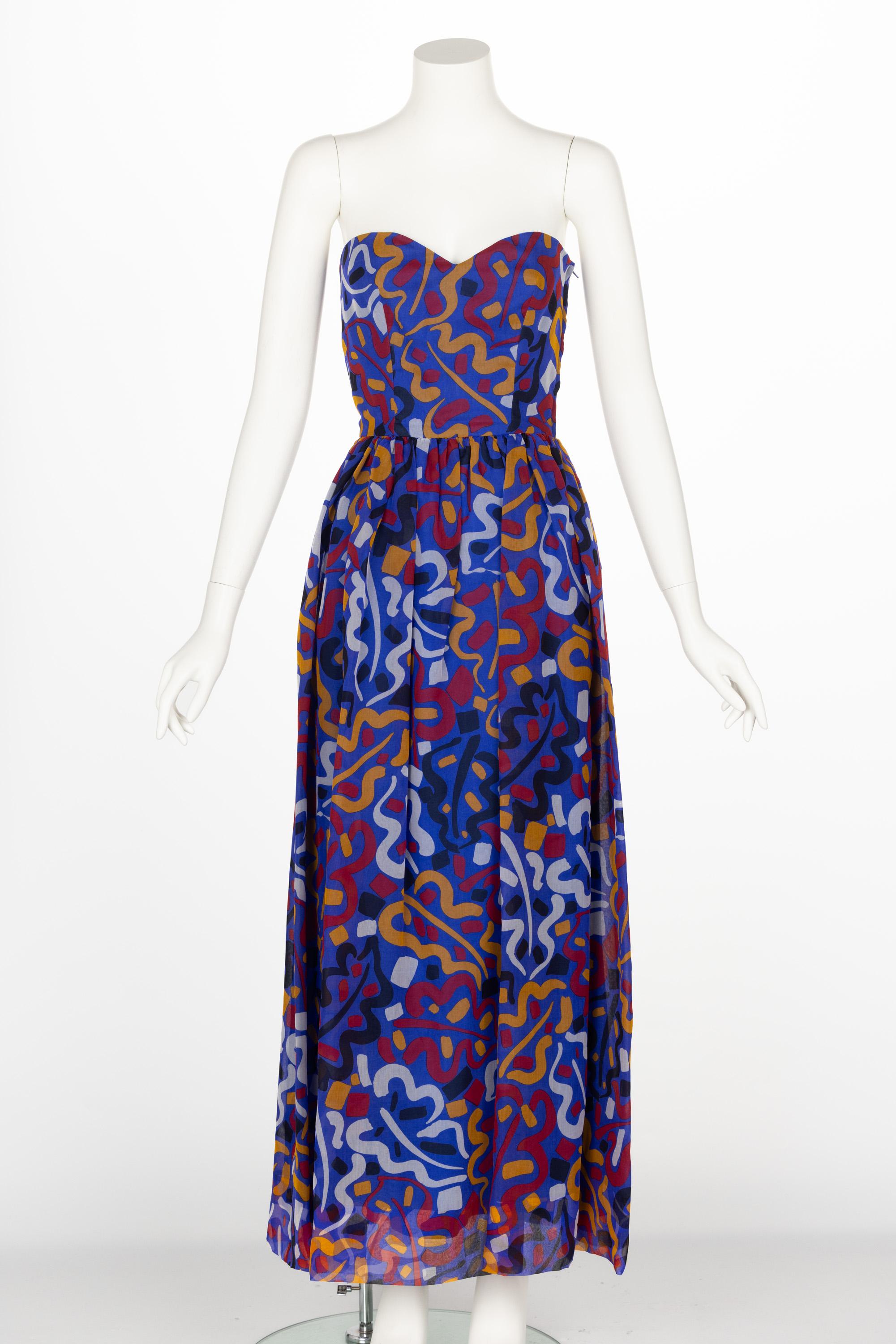 Vintage Guy Laroche Organza Print Strapless Maxi Dress & Jacket Set In Excellent Condition For Sale In Boca Raton, FL