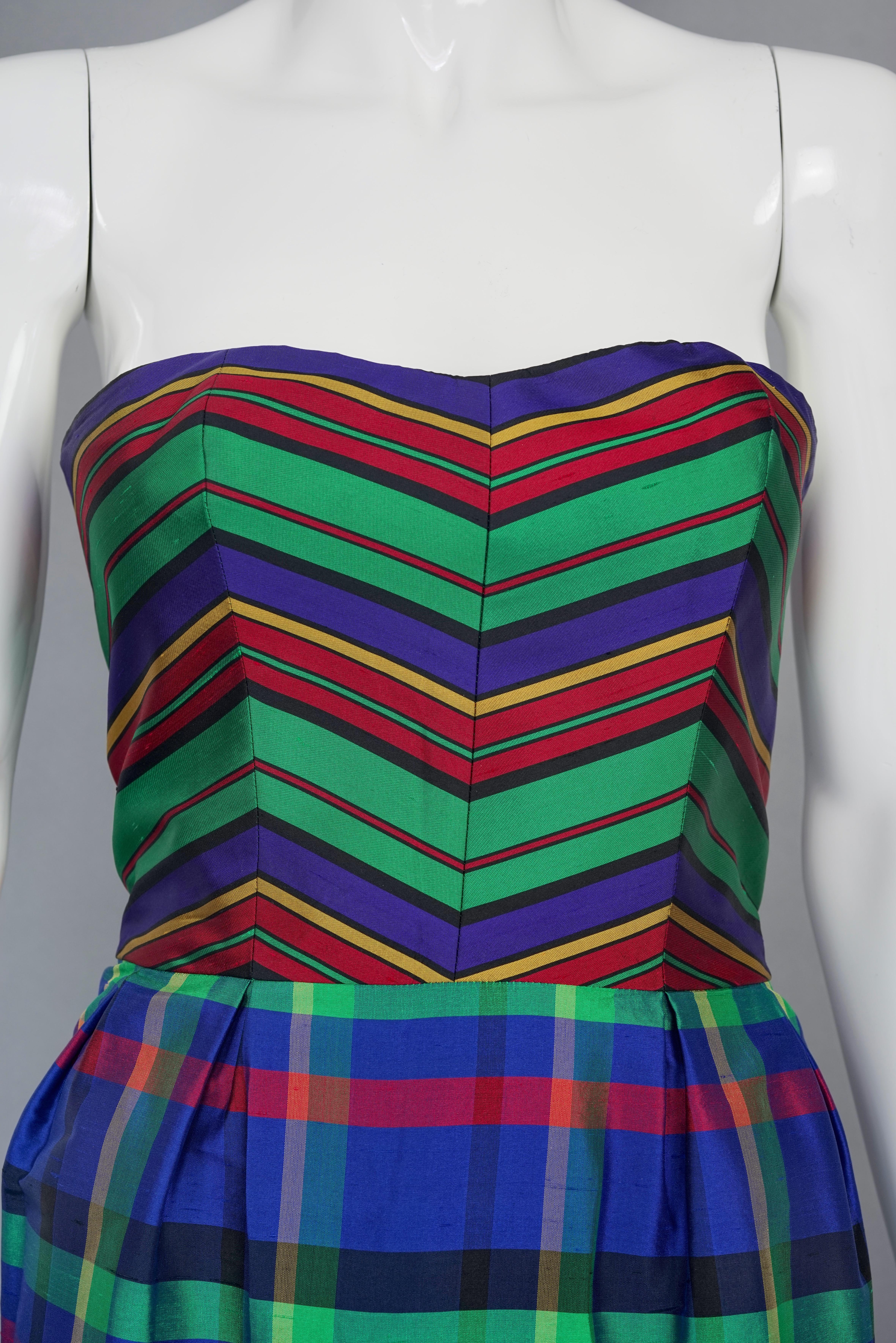 Vintage GUY LAROCHE Silk Chevron Plaid Tube Dress Over Skirt Set For Sale 5