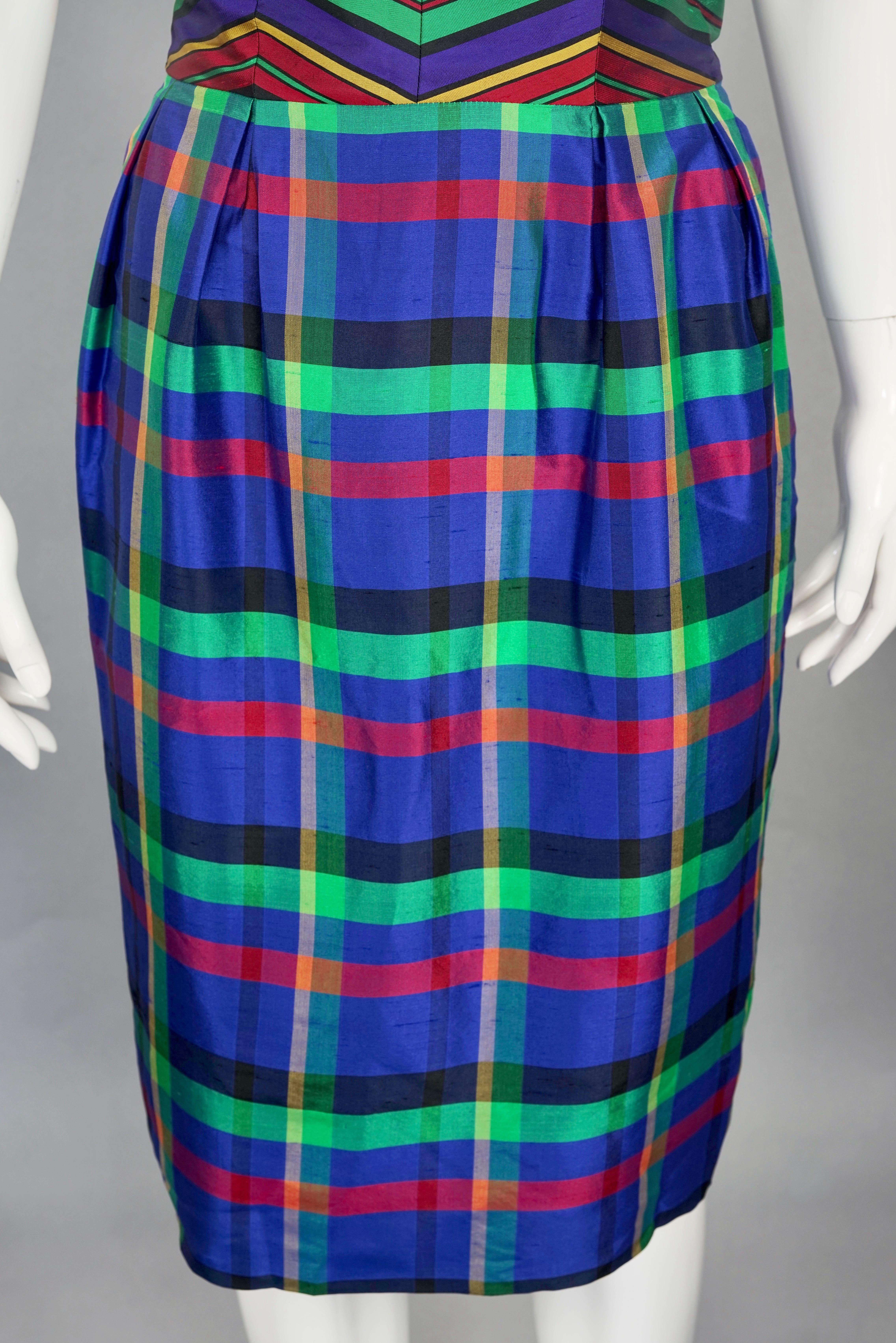 Vintage GUY LAROCHE Silk Chevron Plaid Tube Dress Over Skirt Set For Sale 6
