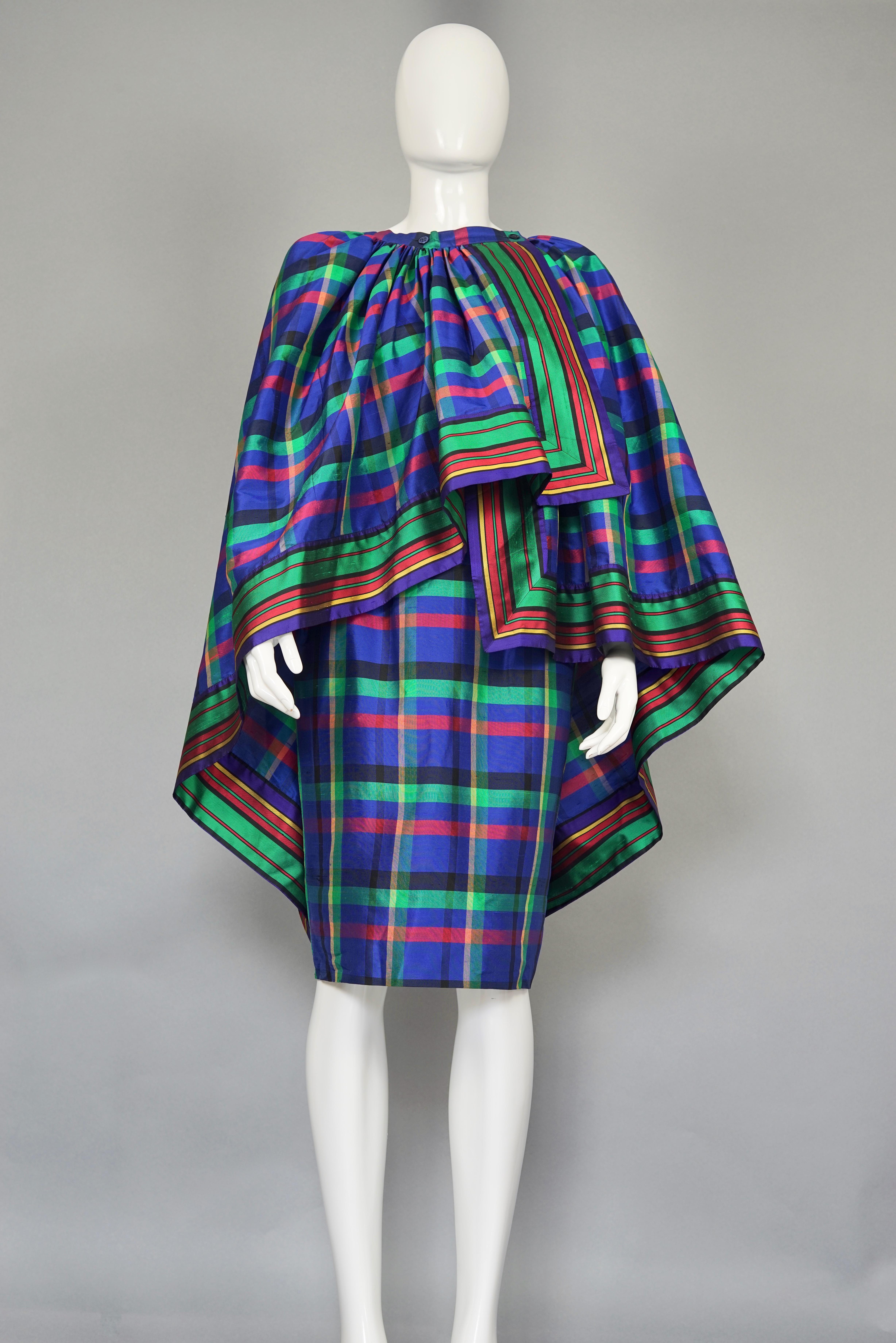 Vintage GUY LAROCHE Silk Chevron Plaid Tube Dress Over Skirt Set For Sale 1