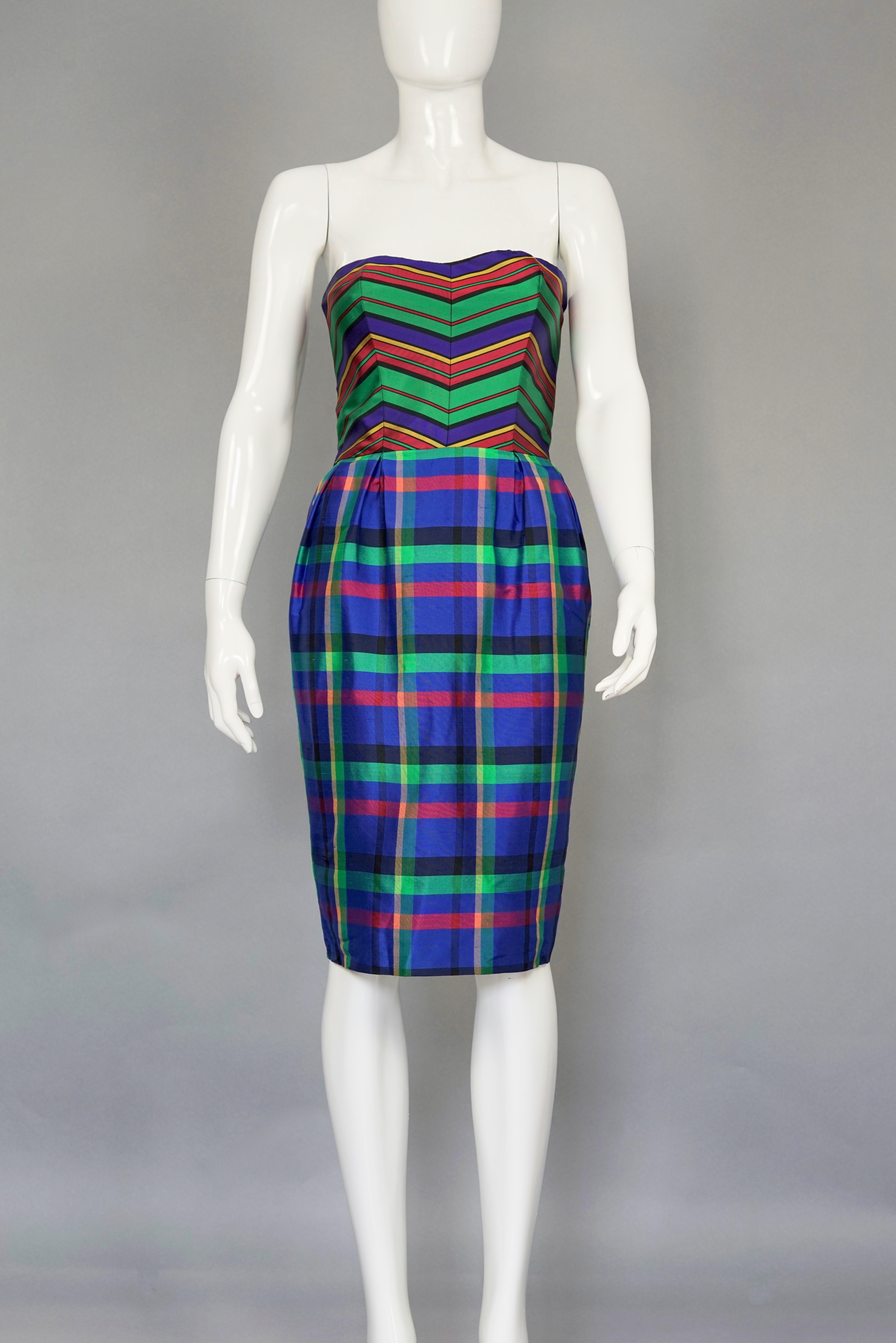 Vintage GUY LAROCHE Silk Chevron Plaid Tube Dress Over Skirt Set For Sale 3