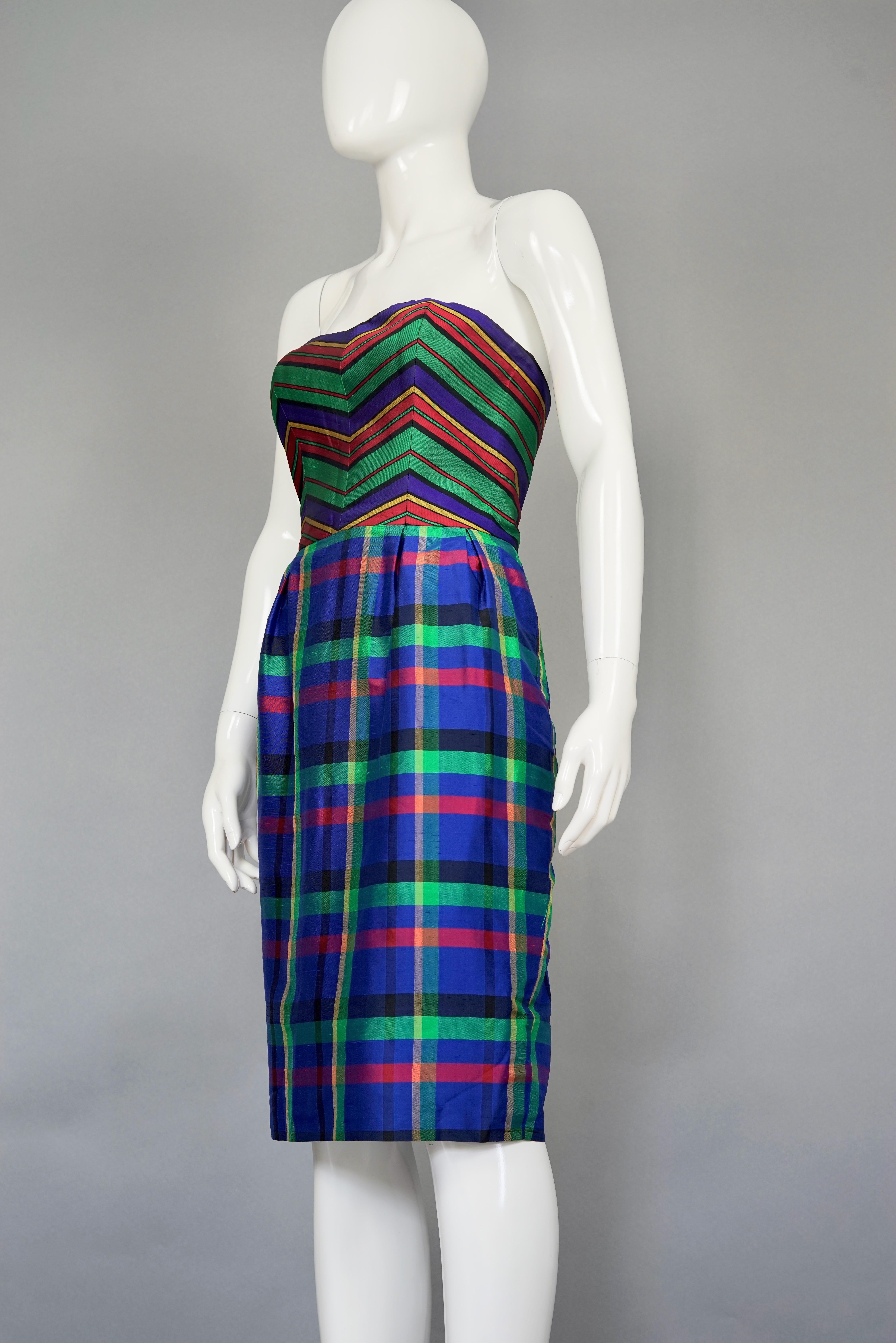 Vintage GUY LAROCHE Silk Chevron Plaid Tube Dress Over Skirt Set For Sale 4