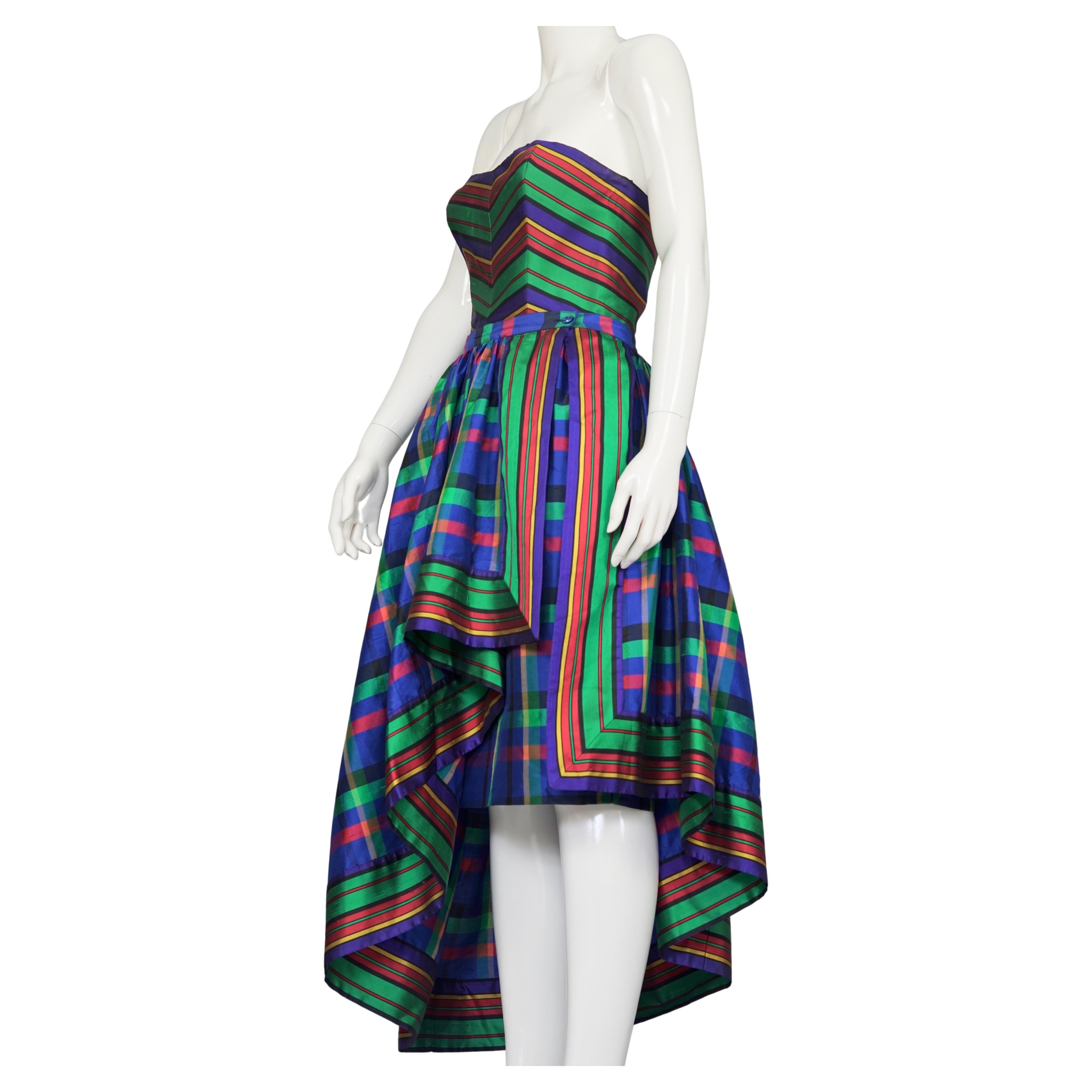 Vintage GUY LAROCHE Silk Chevron Plaid Tube Dress Over Skirt Set For Sale