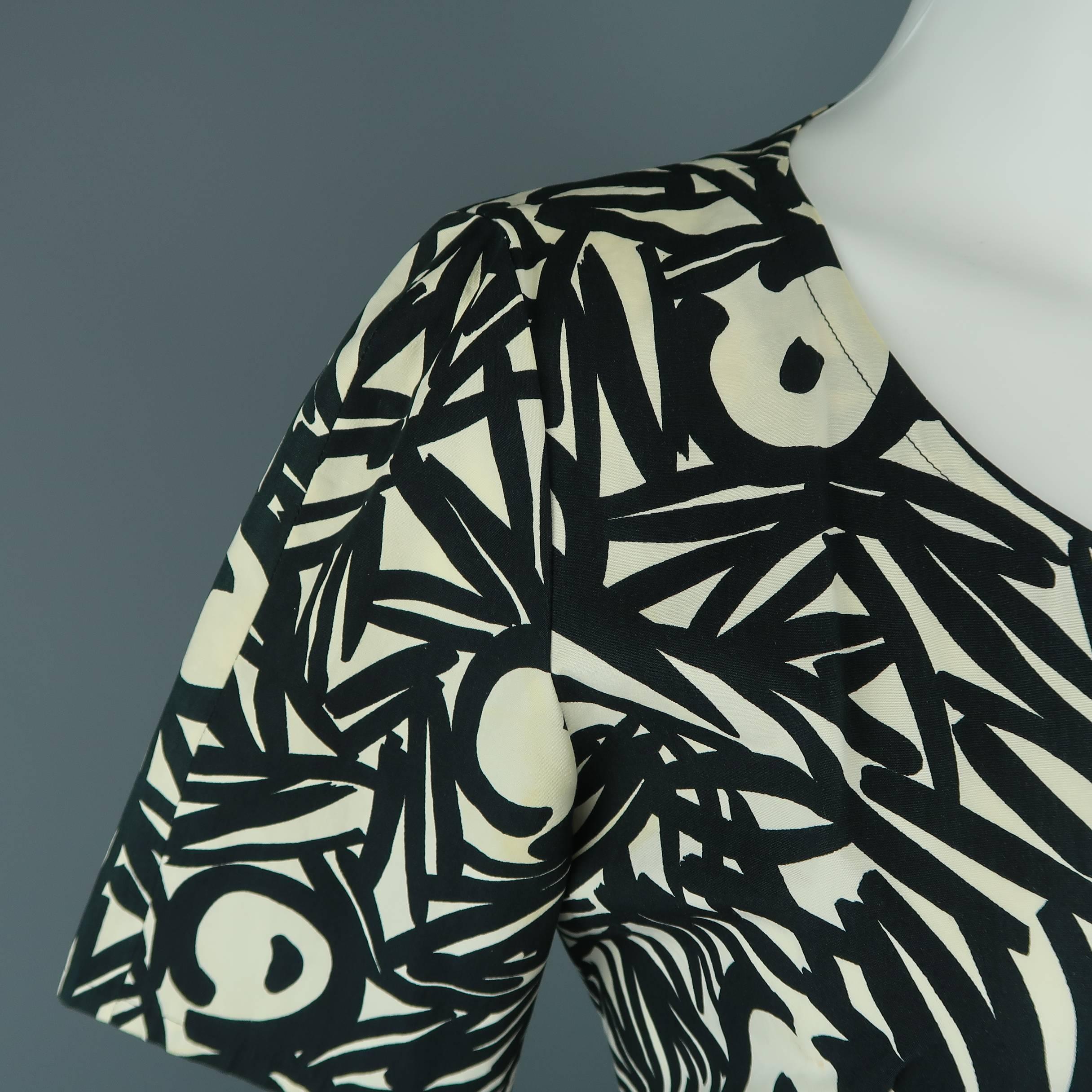 Vintage GUY LAROCHE Size 4 Black & White Printed Cotton Puff Sleeve Dress In Fair Condition In San Francisco, CA