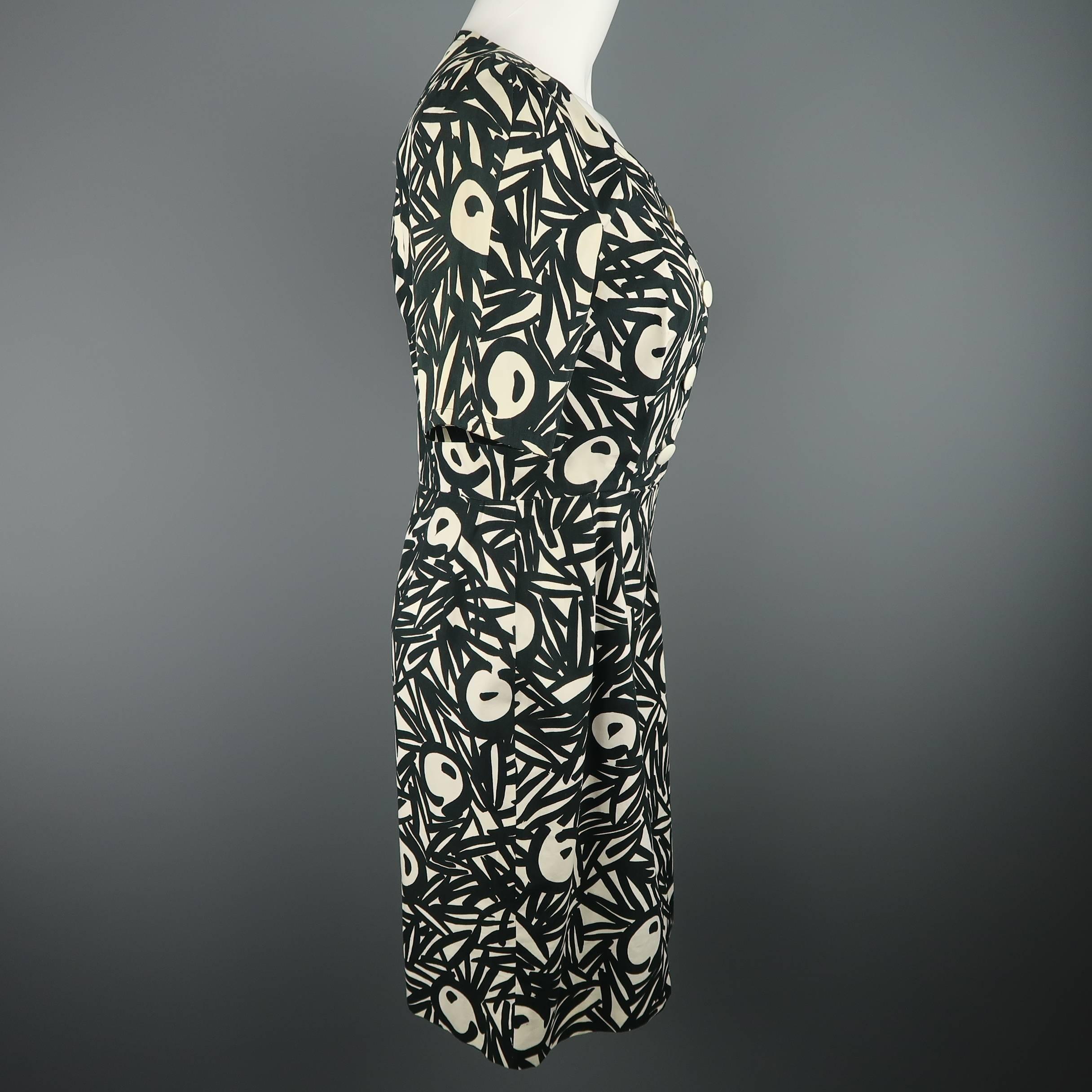 Vintage GUY LAROCHE Size 4 Black & White Printed Cotton Puff Sleeve Dress 1