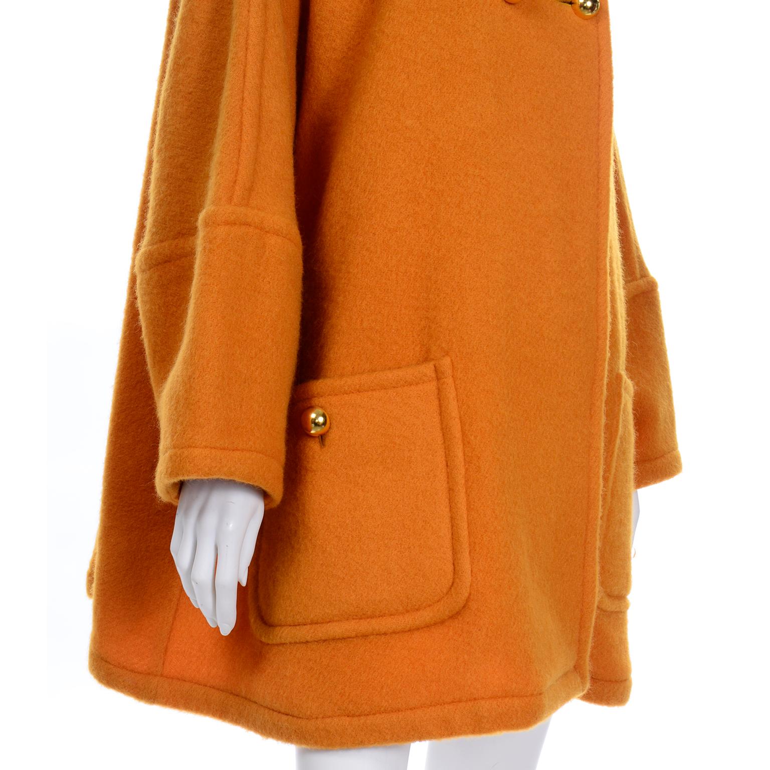 Vintage Guy Laroche Tangerine Orange Mohair & Wool Swing Coat With Front Pockets 5