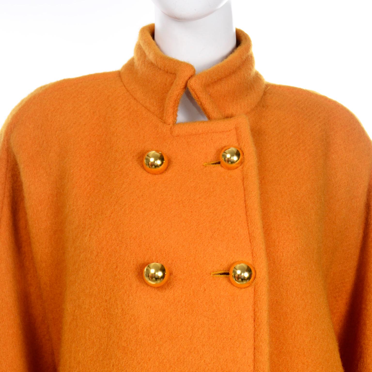 Women's Vintage Guy Laroche Tangerine Orange Mohair & Wool Swing Coat With Front Pockets