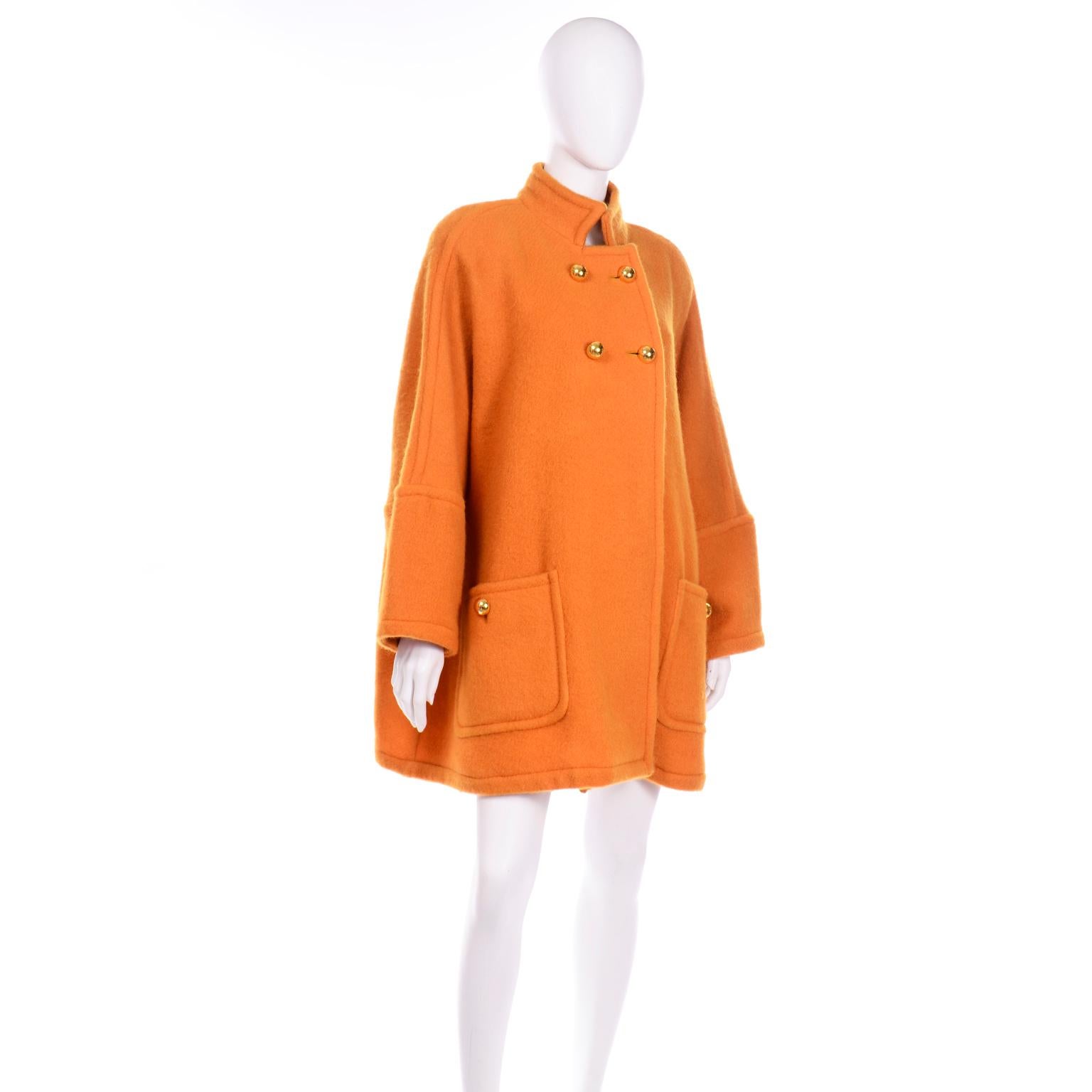 Vintage Guy Laroche Tangerine Orange Mohair & Wool Swing Coat With Front Pockets 2
