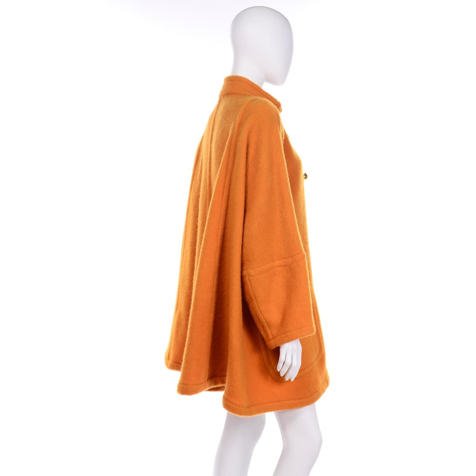 Vintage Guy Laroche Tangerine Orange Mohair & Wool Swing Coat With Front Pockets 4